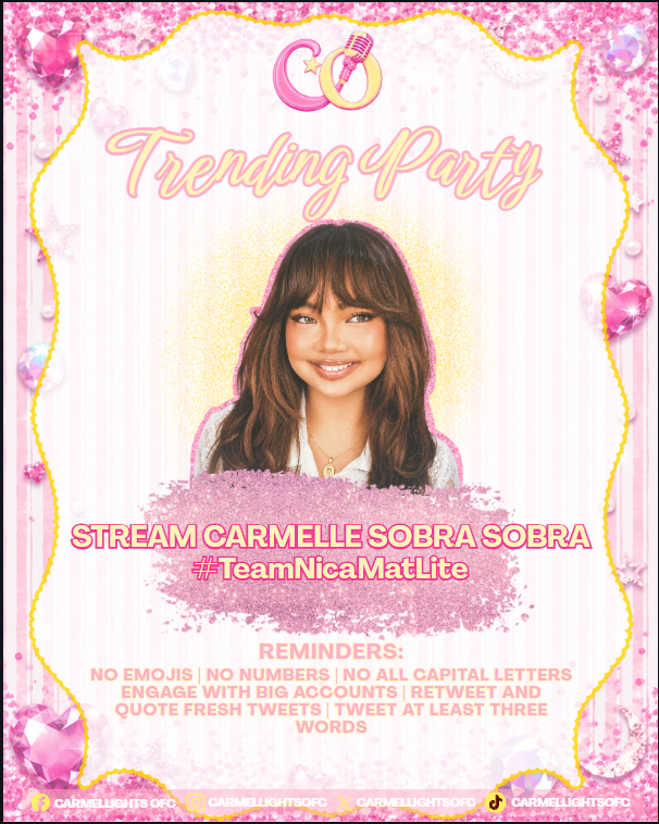 clightstrend's tweet photo. Hey Carmellights! The countdown to Sobra Sobra is officially ON!

While we wait for the drop, let’s make some noise and take over the feeds with our Trending Party! 

Use our official tagline and hashtag! 

STREAM CARMELLE SOBRA SOBRA
#TeamNicaMatLite https://t.co/wCM87l7nQs