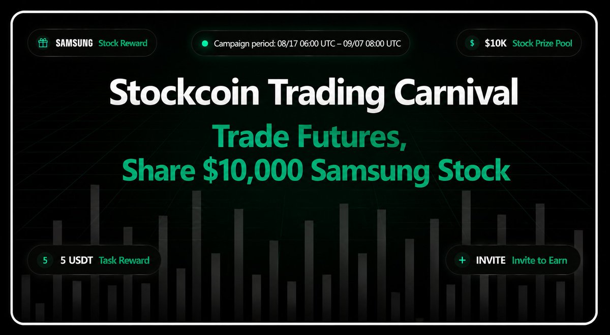 stockcoinai's tweet photo. 🚀Stockcoin Trading Carnival: Trade Futures, Share Samsung Stock Is Live!

📅 08/17 06:00 UTC - 09/07 08:00 UTC

Trade futures and unlock 3 rewards:
🎁 5 USDT Bonus
Deposit 100 USDT + trade 500 USDT.
📈 Share $10,000 in Samsung Stock
Complete the Base Task and share the pool based on your trading volume.
👥 Invite & Earn
Earn 5 USDT for each friend who completes the Base Task.

Start trading now. 👇
https://t.co/lflsKodc0T