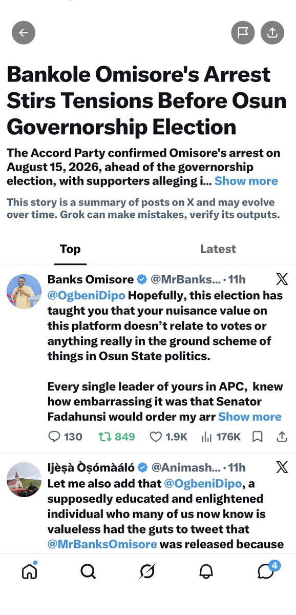 MrBanksOmisore's tweet photo. SETTING THE RECORD STRAIGHT: My Unlawful Detention on Election Eve

I write this to set the record straight about my unlawful arrest hours before the 2026 Osun State gubernatorial election.

WHAT HAPPENED

Around 11:15 PM on election day, well before curfew. While visiting multiple INEC Registration Area Centers in my local government to monitor electoral operations. At an INEC Registration Area Center facility, I observed APC thugs attempting to forcibly gain entry to areas where sensitive electoral materials were being stored. The Civil Defense operatives on duty handled this professionally and prevented a breakdown of law and order.

THE ILLEGAL DETENTION

After the thugs blocked the road, and said no one would leave and one of the thugs made a call and  within 20 minutes, a military convoy arrived, led by a man in civilian attire identified as Wemimo claiming to be from “Presidency”. Civil Defense on duty refused him entry to the RAC, then Wemimo spotted me outside and then proceeded to show a uniformed LT Colonel a photograph of me, and said: “He is on the list of those we were asked to pick.” during that commotion a man later identified as Esho, a political thug that accompanied Wemimo to the venue slapped me, the military officers immediately challenged him. 

I was then told I will need to accompany them to the military barracks in Ede, 45 minutes away from my local government. The Lt Colonel who was with Wemimo was very cordial, he offered me to enter his Hilux with him seating next to me and Wemimo in front with a driver. 

THE ADMISSION

During the drive, Wemimo admitted to me directly that he was acting on orders from Senator Fadahunsi to remove me from circulation during the election. This was a calculated political move, not a mistake.

DETENTION DETAILS

Upon arriving At the barracks, my phones were confiscated. I was not charged with any crime or electoral violation. I was allowed to remain in my vehicle which drove behind me after the arrest. I stayed overnight in my van with gallant and respectful military men guarding and monitoring me.

THE RELEASE

Early the next morning, a Brigadier General called the guard on duty, apologized profusely, and stated explicitly that *there was no legal basis for my detention.* I was released immediately and offered military escort back to my local government, so I can cast my vote. The action which Senator Fadahunsi was trying to prevent, with the hope that we would not update the world with details of his attrocities and electoral malpractices on social media.

WHY THIS MATTERS

This was not an isolated incident. Senator Fadahunsi orchestrated this to suppress my participation in election monitoring for Governor  Adeleke. This is the same Senator who has previously made inflammatory statements about violence against Accord members.

THE PEOPLE'S VERDICT

Despite this attempt at suppression, the people spoke:
✓ Governor Adeleke won my polling unit
✓ Governor Adeleke won my ward  
✓ Governor Adeleke won my local government

ACCOUNTABILITY

This gross abuse of power, having a police officer on illegal duty lead military personnel for political detention cannot go unchecked. I call on:
• Judicial authorities to investigate and hold those responsible accountable
• The military high command to review how political actors misused military personnel
• Civil society and international observers to document this abuse

GRATITUDE

I extend profound thanks to the numerous leaders across political parties, traditional institutions, civil society, and the international observer community who responded immediately to protect my rights and ensure this ended in justice.

This was an attempt at suppression. It failed. The people have spoken

Bamikole (Banks) Omisore 
Special Adviser, Sustainable Development Goals & Multilateral Relations
Osun State Executive Council