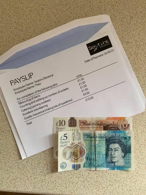 Rainmaker1973's tweet photo. Possibly the sweetest act of kindness you'll see today. 

A family had electricians in and their little boy was obsessed with them. He hounded them with questions, kindness and constant offers to help. 

The little boy received this from them. https://t.co/KYttAfc5Mc