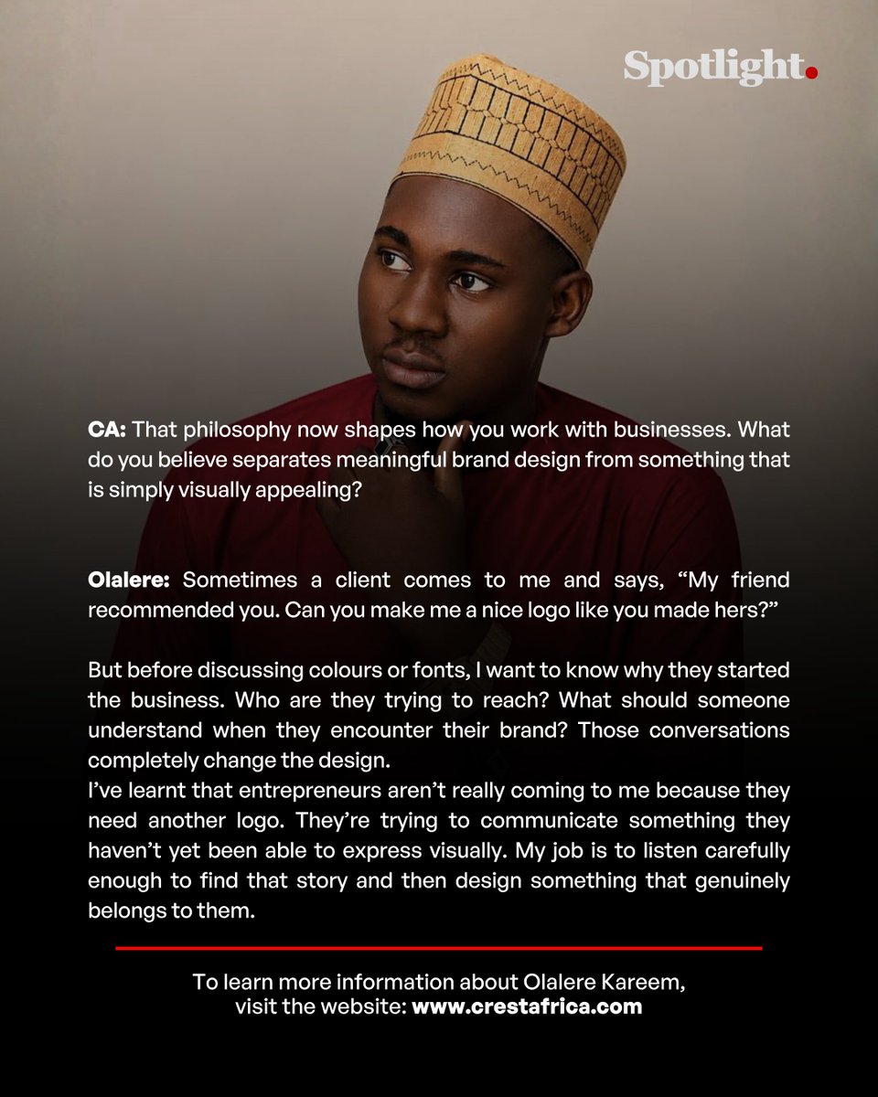 thecrestafrica's tweet photo. Meet @Olami____ . Good design is more than creating something that looks good. It is about understanding an idea, solving a problem, and turning a vision into something people can connect with.

What began as a self-taught skill grew into a creative practice serving businesses across different markets. Through Logos by Venessa, Olalere combines graphic design, brand strategy, and education to help businesses build identities that reflect who they are.

Beyond client work, his commitment to mentoring and initiatives like Finding Creatives is creating room for emerging creatives to learn, grow, and build meaningful careers.

Click the link in bio to read more