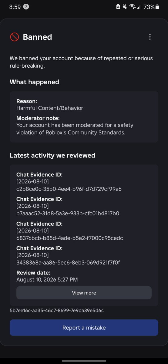 Paulmatthewph's tweet photo. Day in asking 7day

Got reported the violation the appeal was this not false ban wave the FTC @Roblox, can please help me explain this not human is kill false ban can't no reply gmail roblox support.

Username: 1Paulmatthewbalbutin
#roblox #robloxban #robloxhelp #robloxbanwave https://t.co/Oz5NRnifjK