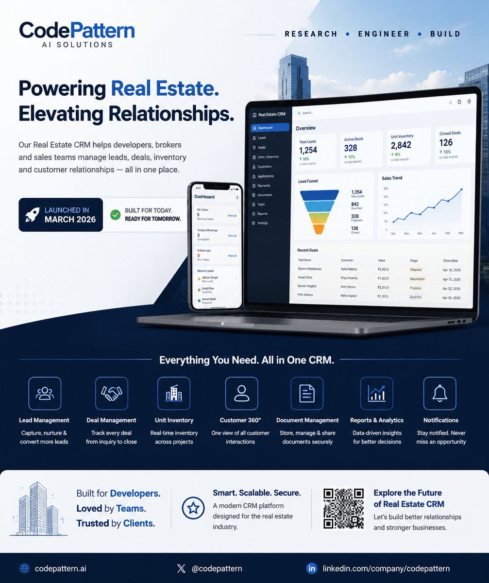 CodePattern's tweet photo. 🚀 Our Real Estate CRM is live.

Released in March 2026, our platform brings Leads, Deals, Property Inventory, Customers, Applications, Payments, Documents, Analytics & Notifications into one connected system.

Built for modern real estate businesses.
Engineered for scale.

🌐 https://t.co/S99xZkvBVa

#PropTech #RealEstate #CRM #CodePattern