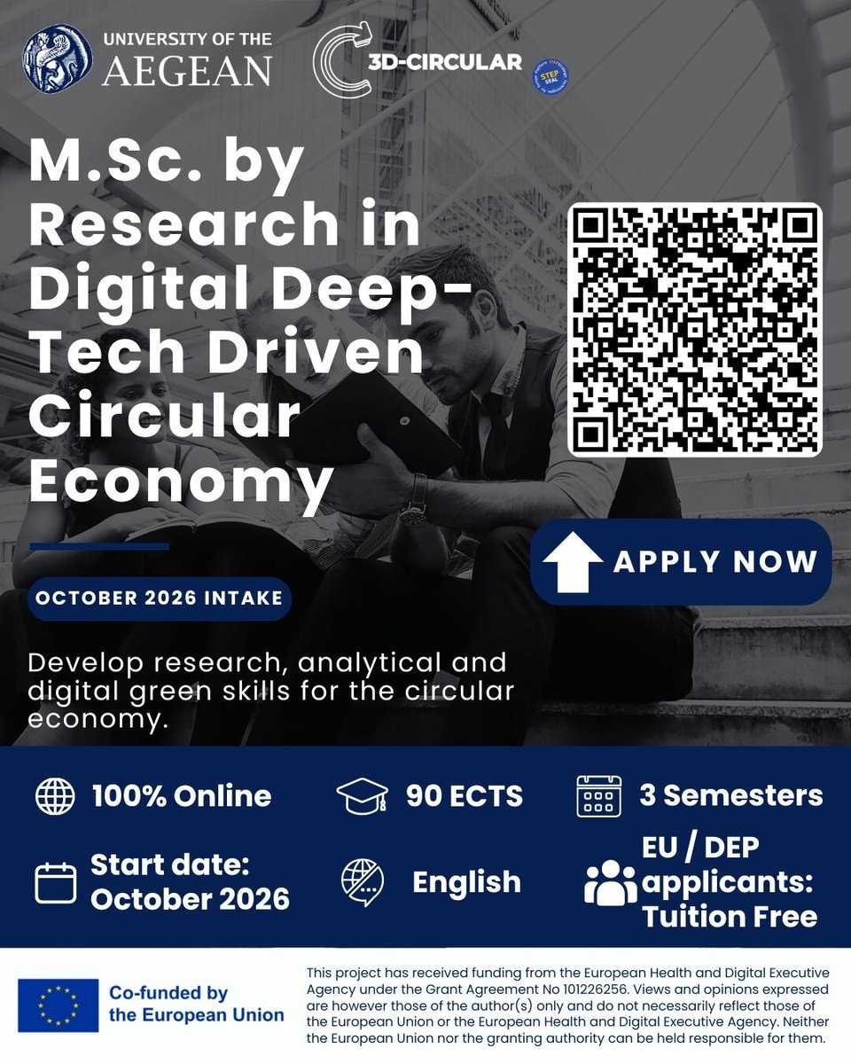 3D_Circular's tweet photo. 🚀 Applications are now open for the Tuition Free fully online 3D-CIRCULAR Master Programmes!
One of the key outcomes of the 3D-CIRCULAR project is now becoming a reality.
Apply now to the master program that fits your needs! https://t.co/wNZGgyRPXp