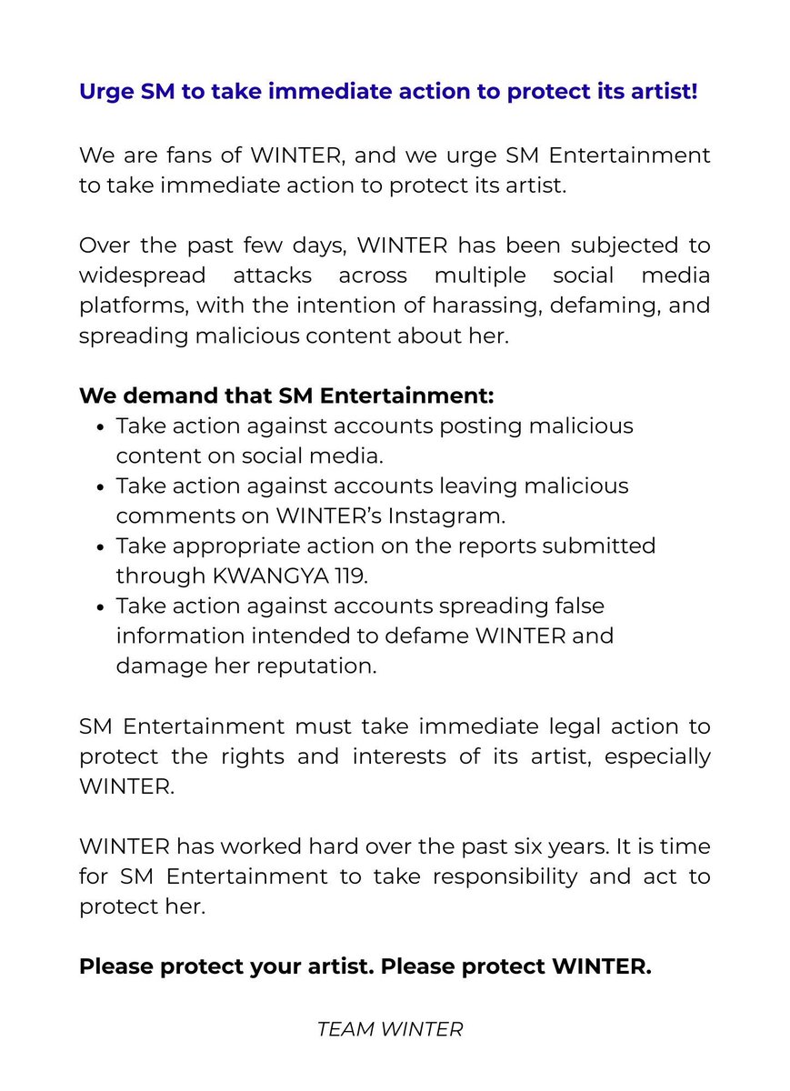 sunshine_080507's tweet photo. We urge SM Entertainment to take immediate action to protect their artist. 

WINTER has worked tirelessly for the past six years. It is SM Entertainment's responsibility to protect her. 

SM protect WINTER!

@aespa_official @SMTOWNGLOBAL
#SM_Protect_WINTER
#SM_아티스트_보호촉구 https://t.co/vutAqjmKUu