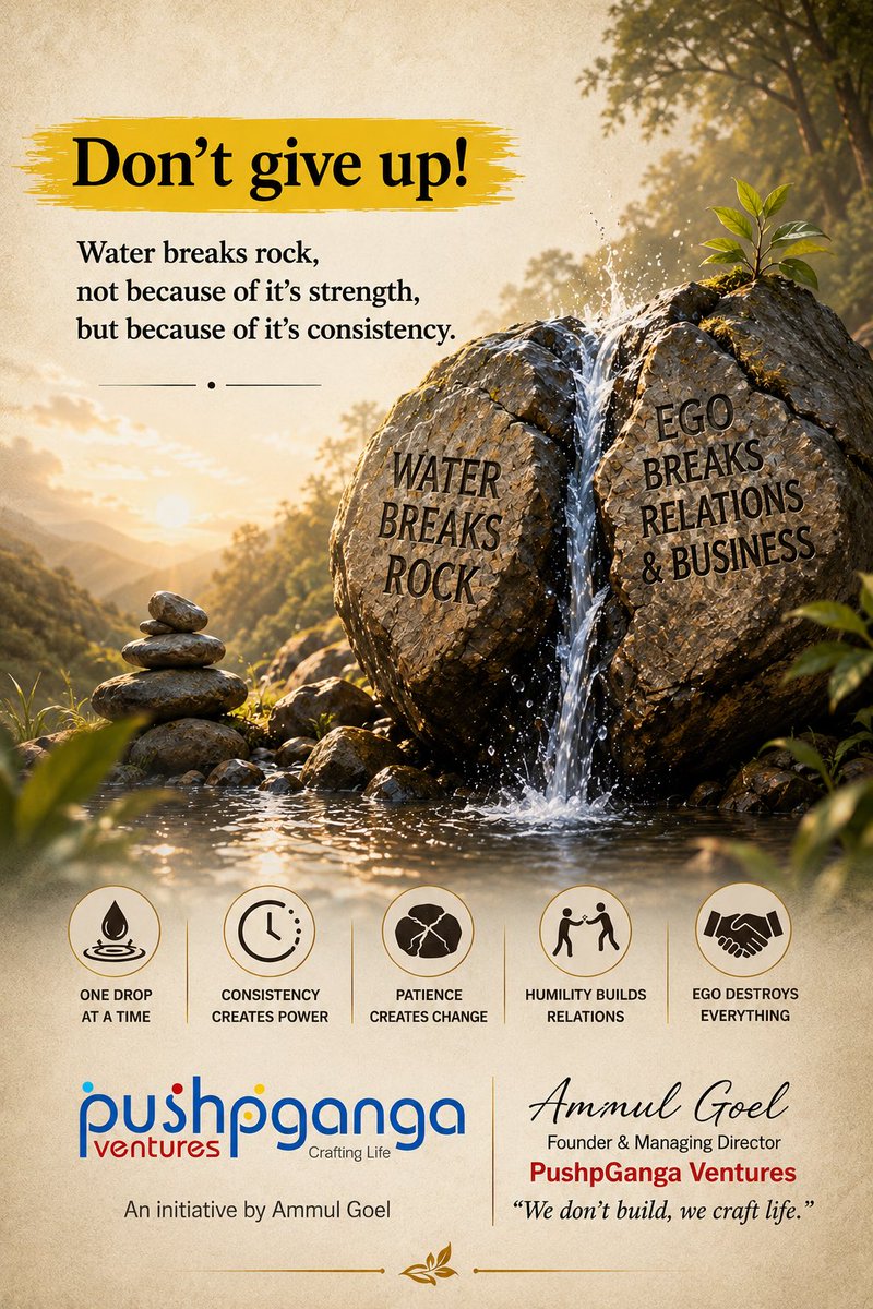 ammulgoel's tweet photo. Today’s Thought — Be Like Water

Water carries a lesson that applies to almost every chapter of life — relationships, family, business and our own character.

Water has no ego. Put it in a glass, it takes the shape of the glass. Give it a narrow path, it finds its way through. Pour it on the ground, it adjusts and keeps moving. It doesn’t waste its energy proving that it is stronger than its surroundings.

We too should learn when to adjust without losing who we are.

Sometimes a relationship is worth more than winning an argument. A trusted business partner is worth more than satisfying an ego. A good opportunity should not be allowed to disappear simply because two people refused to take one step toward each other.

Being flexible is not weakness.
Saying sorry when required is not defeat.
Adjusting for the right people does not reduce your value.

But water teaches us something else too.

The same gentle water, when consistent, can break a rock. And when faced with fire, water doesn’t become fire — it cools it down.

That is where principles and ethics come in.

Be flexible with situations, but firm with your values. Adjust your approach, but never adjust your integrity. Let go of ego, but never surrender what is right.

And when anger, greed or attitude creates a fire, be the water that cools it — not the fuel that makes it bigger.

Be like water — humble enough to adjust, wise enough to flow, pure enough to remain transparent, and strong enough to stand against what is wrong.

Because in life and business, the strongest person is not always the one who refuses to bend.

Sometimes, it is the one who knows when to flow… and when to break the rock.

Another chapter continues — because every thought, every decision and every relationship eventually becomes part of the story we leave behind.

— Ammul Goel
Founder & Managing Director
PushpGanga Ventures
“We don’t build, we craft life.”

#AmmulGoel #PushpGangaVentures #ThoughtOfTheDay