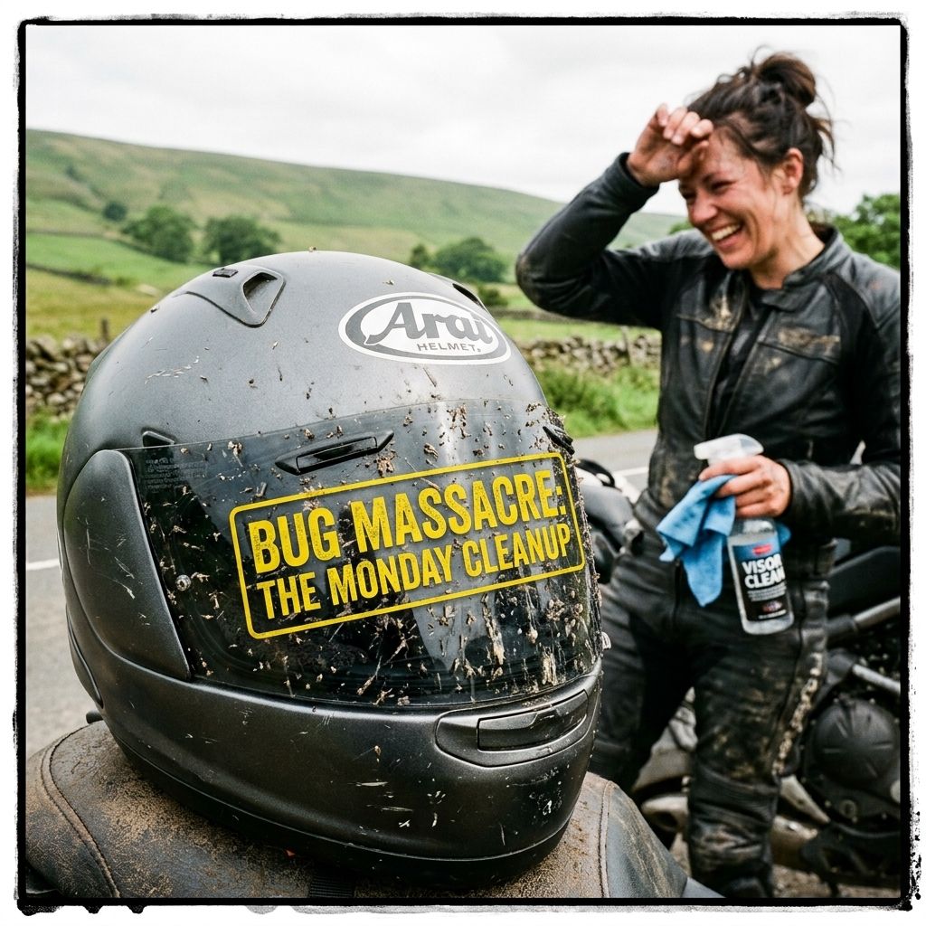 CurvyRidersMCC's tweet photo. Current status: Spending 45 minutes scraping a small army of midges off the visor, only to look like a sweaty panda when I take my helmet off. Worth it for those weekend twisties, though! 🏍️💨 How’s your post-ride bike clean going? #CurvyRiders #WomenWhoRide #BikerProblems https://t.co/KvsicD8tsU