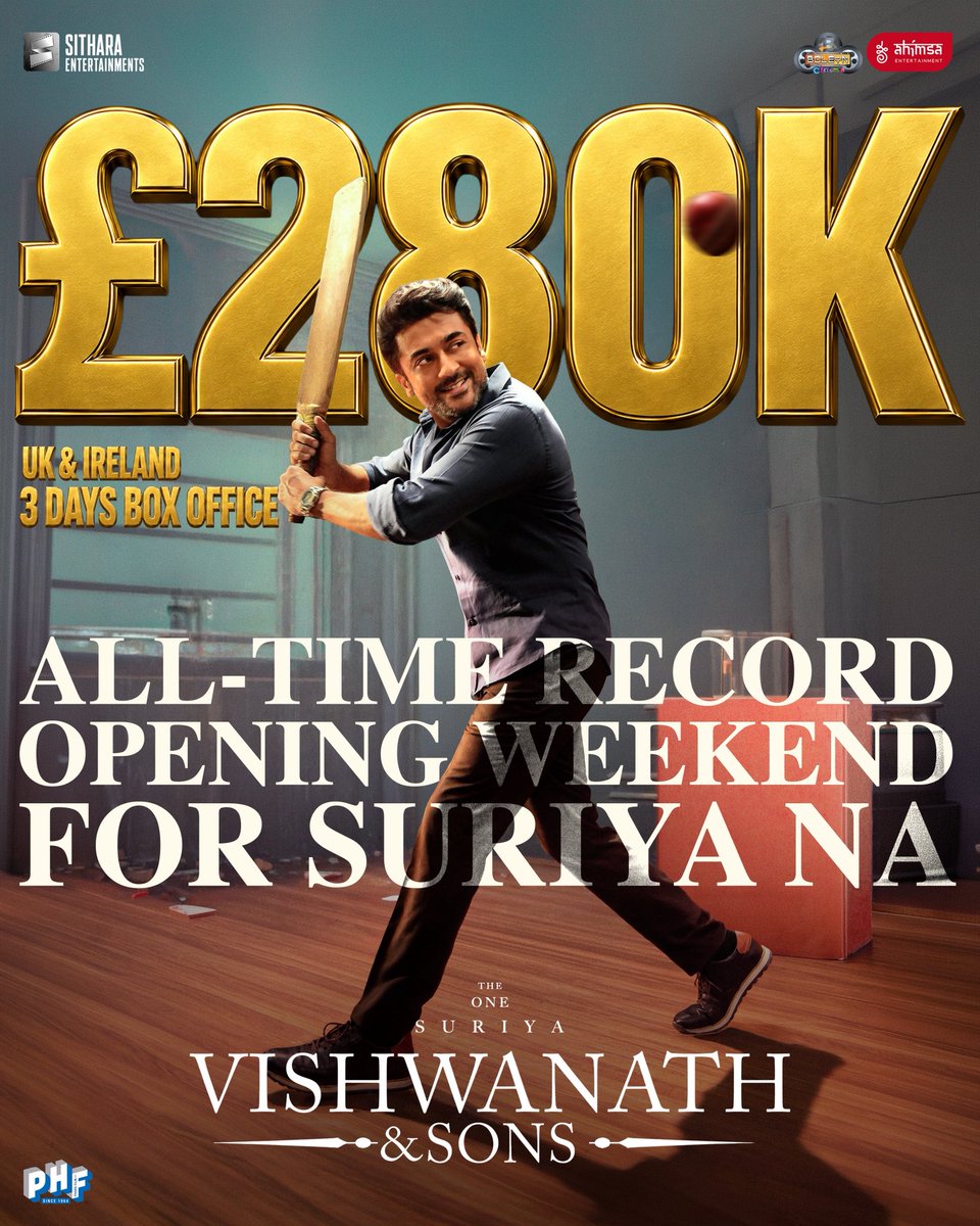 ahimsafilms's tweet photo. £280K OPENING WEEKEND 🤯🤯🔥 

#VishwanathAndSons has SHATTERED every previous record to become SURIYA NA’S HIGHEST EVER ALL-TIME OPENING WEEKEND in the UK 👑

The era of THE ONE continues ♥️♥️♥️♥️

#TheOne @Suriya_offl na #VenkyAtluri @_mamithabaiju @realradikaa @TandonRaveena @gvprakash @vamsi84 @NavinNooli @NimishRavi @Banglan16034849 #SaiSoujanya @ynakg2 @SitharaEnts @Fortune4Cinemas #SrikaraStudios @ThinkStudiosInd @adityamusic @PrimarkProd @PharsFilm @boleyncinemauk @cineworld @ODEONCinemas @vuecinemas @ShowcaseCinemas @vithurs_