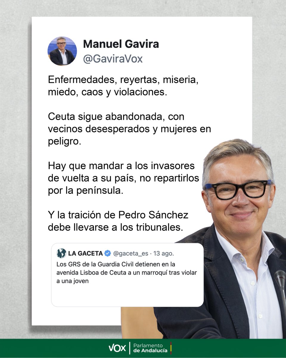 AndaluciaVox's tweet photo. Hay que mandar a los invasores de vuelta a su país, no repartirlos por la península.

👉 @GaviraVox https://t.co/1u7JmyI6F7