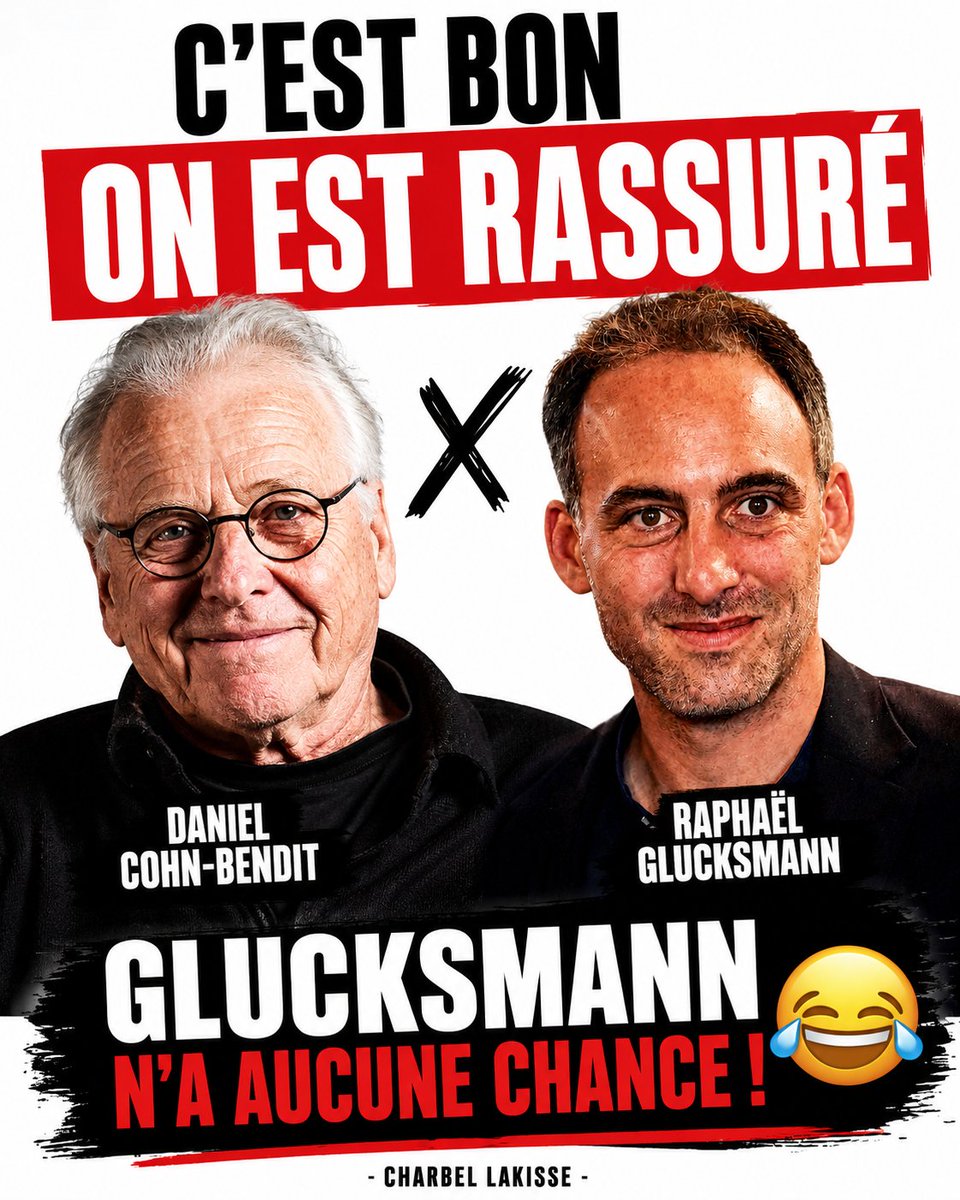 charbofficiel's tweet photo. 😂 Bon bah voilà, on est rassurés : Daniel Cohn-Bendit appelle à soutenir Raphaël Glucksmann pour 2027.

Avec un soutien pareil, c’est plié pour Glucksmann…
Il n’a aucune chance 😂

#Glucksmann #CohnBendit #Presidentielle2027 https://t.co/Bj0g6MHteF