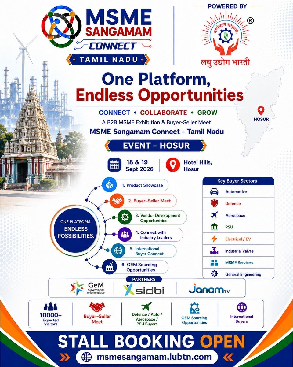 lubtgsm's tweet photo. Laghu Udyog Bharati -Tamil nadu -Hozur chapter is organizing MSME Sangamam Connect – Tamil Nadu 2026, a premier B2B MSME Exhibition and Buyer-Seller Meet that will bring together supported esteemed partners such as GeM For stall bookings and event details, https://t.co/0JV25nLEz2 https://t.co/CvlgHa3Bd4