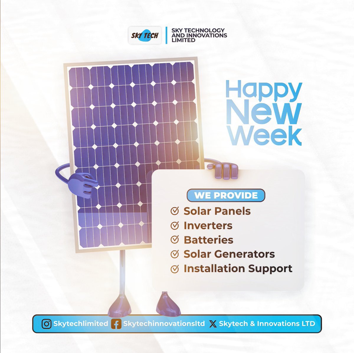 skytechltd_'s tweet photo. ☀️ POWER YOUR MONDAY

New week. New energy. New power.

Stop depending on the grid. Invest in SOLAR.

Independence. Freedom. Your power. Your future.

Sky Technology 🚀

#SolarEnergy #Monday https://t.co/FGx8xMQMxx