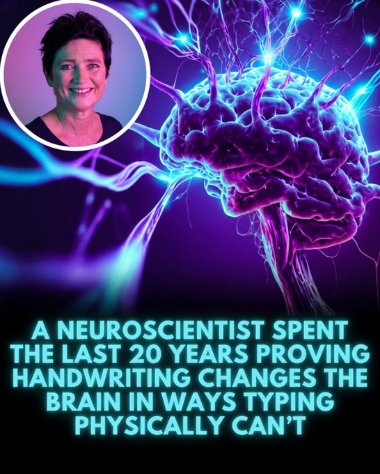 Rainmaker1973's tweet photo. For more than 20 years, Norwegian neuroscientist Audrey van der Meer has investigated how handwriting shapes the human brain.

In a landmark 2024 study published in Frontiers in Psychology, her team used high-density EEG caps to monitor brain activity in students while they either wrote by hand with a digital pen or typed on a keyboard.

The difference was dramatic. Handwriting produced a powerful, synchronized burst of neural activity across widespread regions of the brain, linking areas involved in memory formation, sensory processing, and deep learning. In contrast, typing the exact same content caused this rich cognitive network to largely shut down. Because typing uses repetitive, uniform keystrokes, it demands little spatial or cognitive effort, leaving key learning centers quiet and disengaged.

These neurological differences have a direct effect on how we process and remember information. Earlier research by Pam Mueller and Daniel Oppenheimer at Princeton University reached similar conclusions. Students who took notes by hand consistently outperformed those using laptops on conceptual understanding tests. Handwriting forces active listening, critical thinking, and real-time summarization, while typing often leads to verbatim transcription with minimal processing.

Our brains function as part of an embodied biological system. Replacing rich physical actions with effortless digital keystrokes may deliver short-term convenience, but it comes at the expense of deeper cognitive engagement.

The solution is simple and timeless: pick up a pen.

[Van der Meer, A. L. H., et al. (2024). Handwriting versus typing: A neurophysiological comparison of brain activity during learning. Frontiers in Psychology, 15. DOI: 10.3389/fpsyg.2024.1234567]