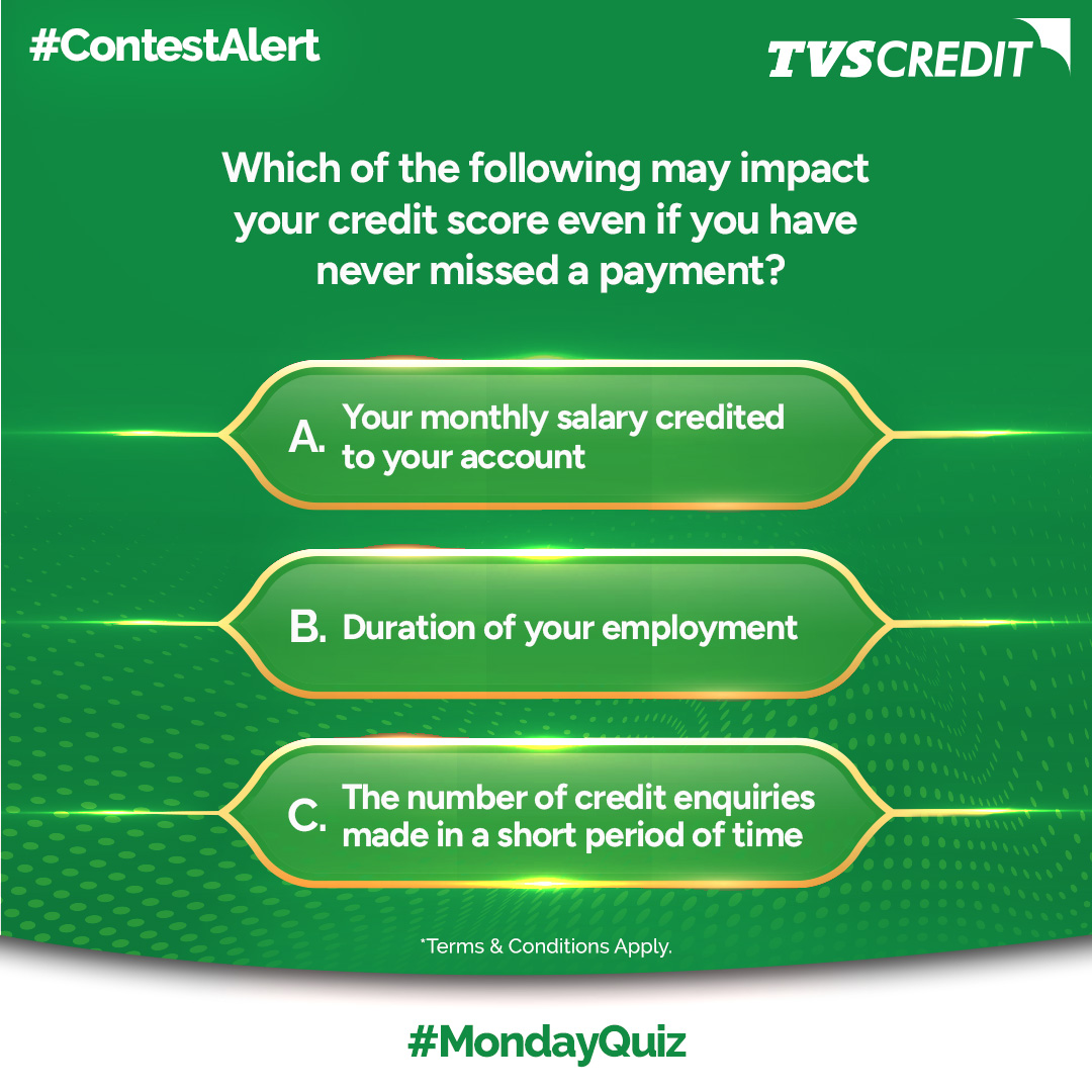 TVSCredit's tweet photo. You've never missed a payment, but is your credit score still safe? 🤔

This week's #MondayQuiz tests your awareness of what really moves the needle on your credit score.

Drop your answer in the comments below 👇

Tag your friends and colleagues who think they've got their finances all figured out.

*Terms and Conditions Apply.

#MondayQuiz #TVSCredit #FinancialAwareness #CreditScore #SmartFinance #CIBIL