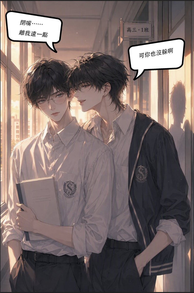 Fionakittyyan's tweet photo. “別動，你的領帶歪了。”

他伸手替我整理，我卻聽見自己的心跳亂了節拍。

門外的人好像誤會了什麼——

可真正糟糕的是，我根本不想解釋。👀🌇

 #双男主 #校园 #校园漫画 #曖昧拉扯 #少年感 #心动瞬间  #BL #BL漫画 #danmei #创作BL https://t.co/BPHYcRE4eP