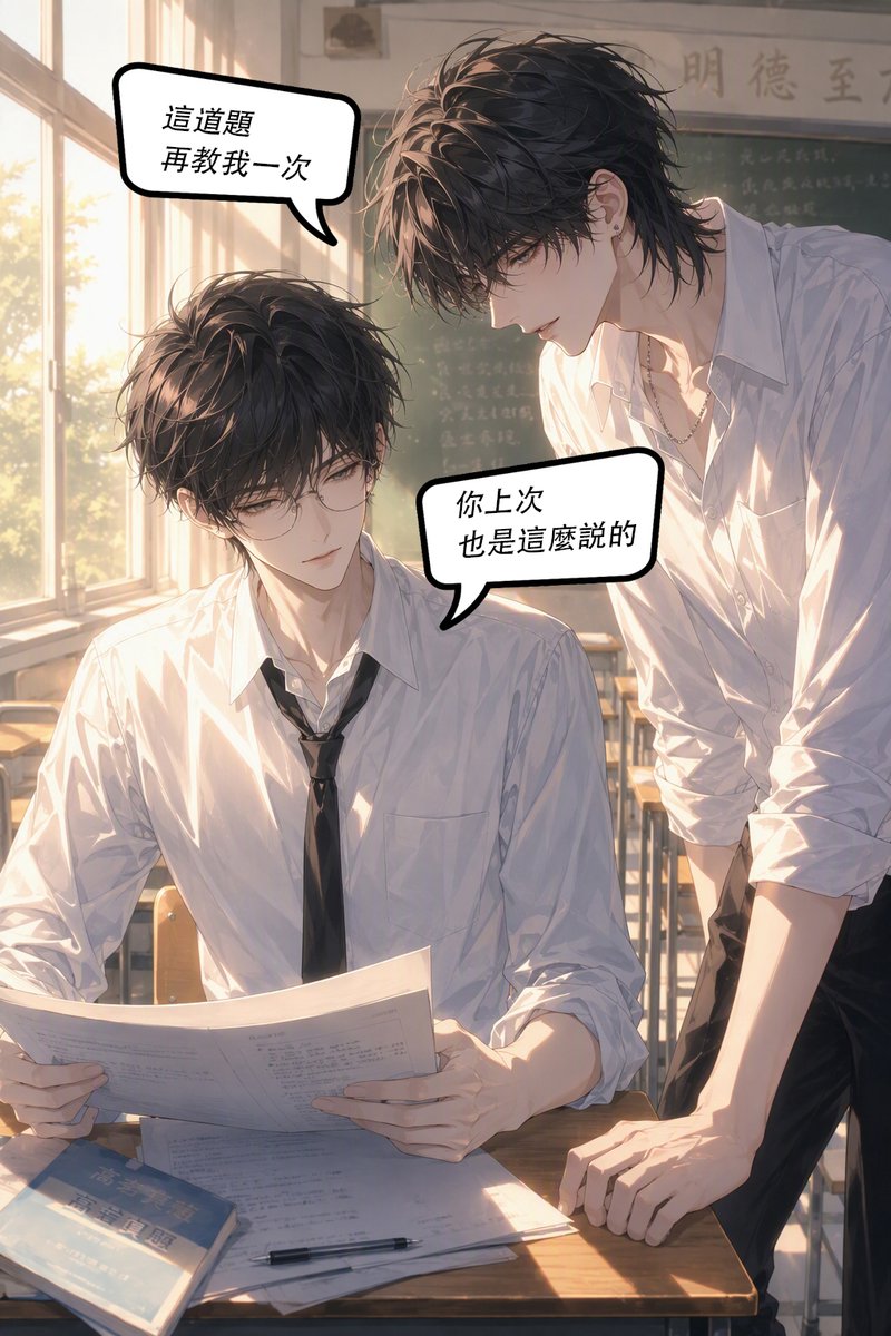 Fionakittyyan's tweet photo. “別動，你的領帶歪了。”

他伸手替我整理，我卻聽見自己的心跳亂了節拍。

門外的人好像誤會了什麼——

可真正糟糕的是，我根本不想解釋。👀🌇

 #双男主 #校园 #校园漫画 #曖昧拉扯 #少年感 #心动瞬间  #BL #BL漫画 #danmei #创作BL https://t.co/BPHYcRE4eP