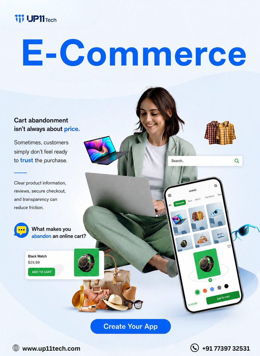 up11tech's tweet photo. Cart abandonment isn’t always about price.

Sometimes, it’s a trust issue.

Clear product info, reviews, secure checkout &amp; transparency can turn hesitation into conversion.

💬 What makes you abandon an online cart?

#Ecommerce #UX #DigitalMarketing #Up11Tech https://t.co/liAdIrhz95