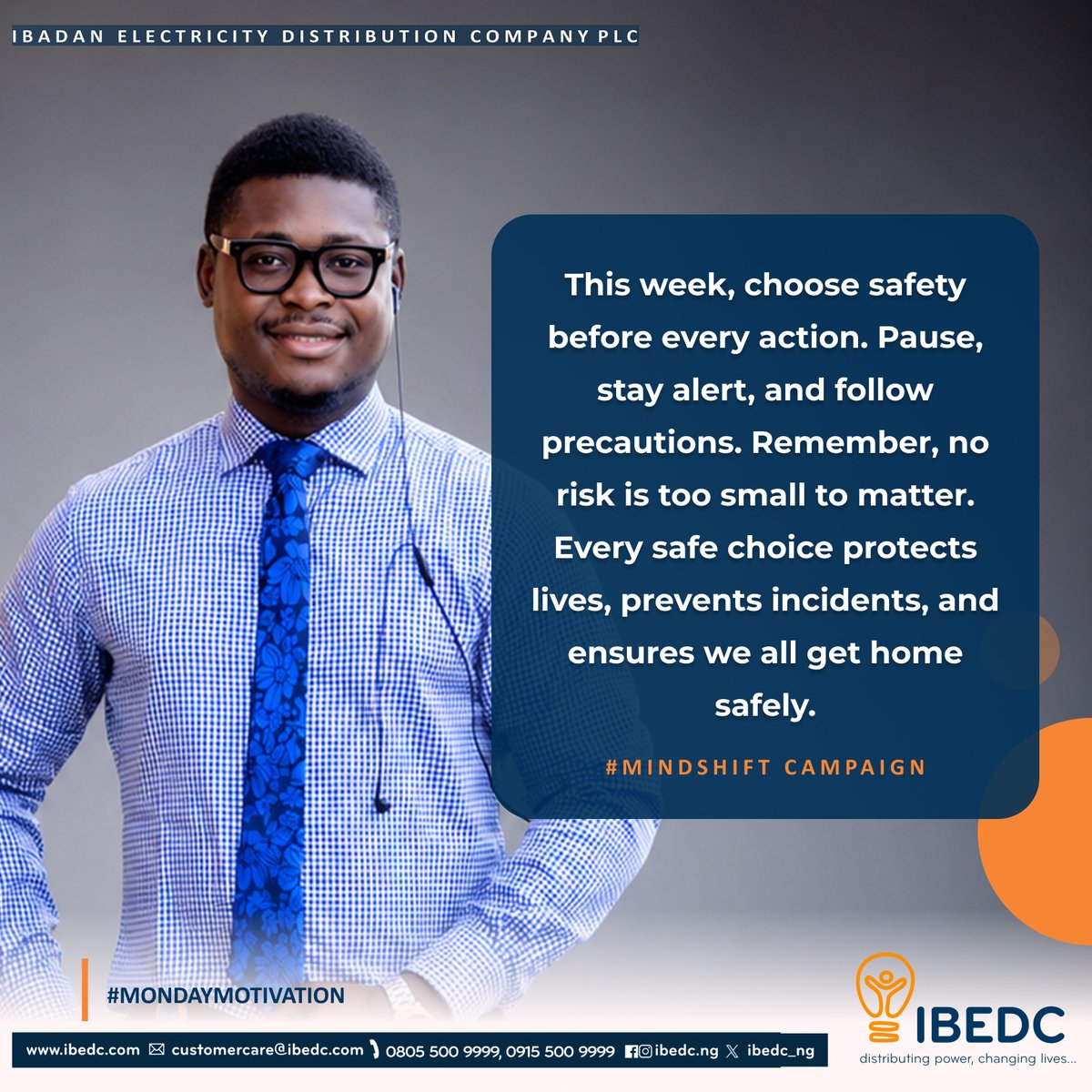 IBEDC_NG's tweet photo. This Week, Make Safety Part of Every Move. 🦺

Pause. Think. Stay alert. Every safe choice matters.

Let’s look out for one another, prevent incidents, and make sure everyone gets home safely.

#MakeSafetyPartOfEveryMove #SafetyFirst #MindshiftCampaign #IBEDC #WorkSafe https://t.co/LzAlU8A17Y