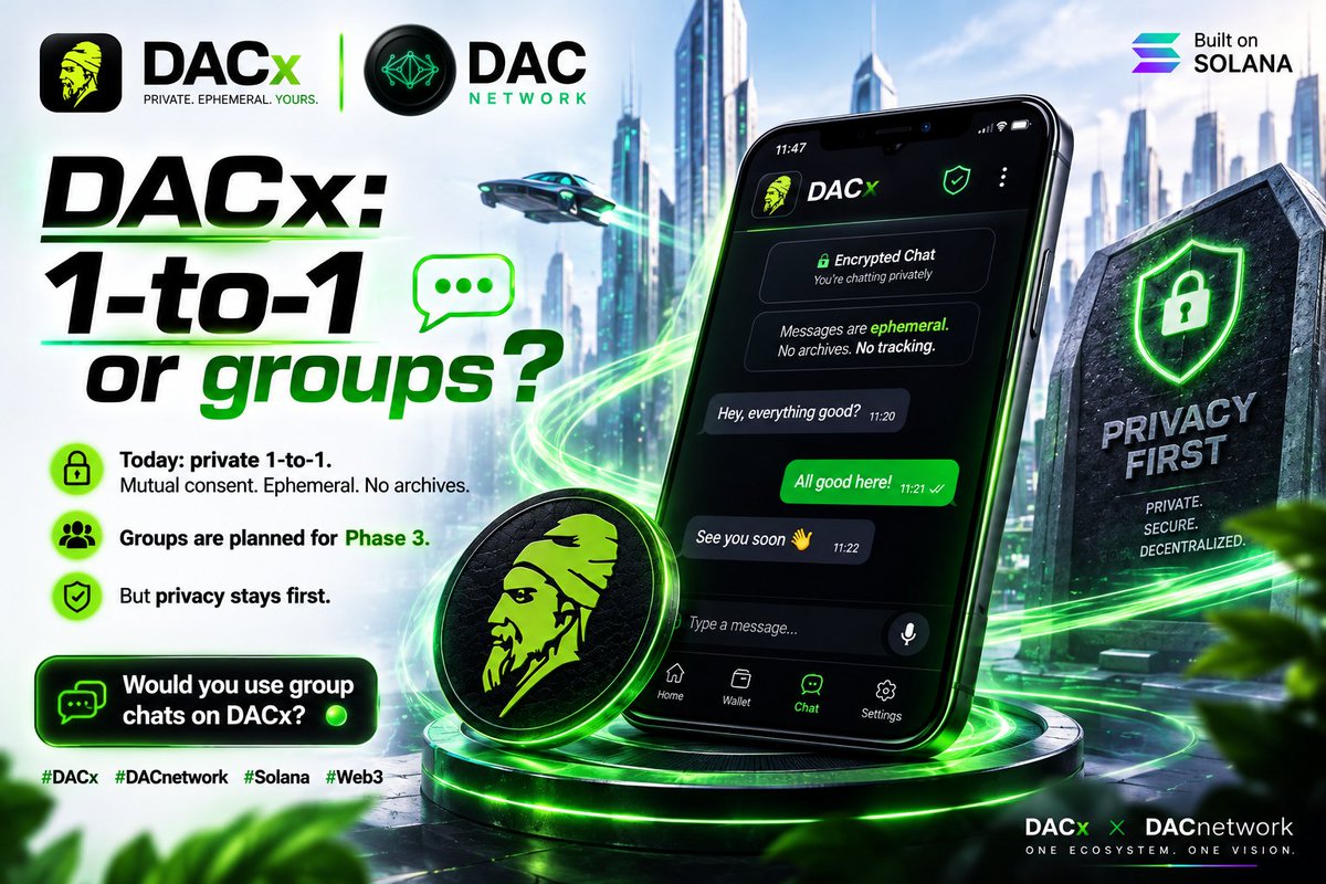 DACLabs's tweet photo. DACx: 1-to-1 or groups? 👀
Today: private 1-to-1.
Mutual consent. Ephemeral. No archives.
Groups are planned for Phase 3.
But privacy stays first.
Would you use group chats on DACx? 🟢
#DACx #DACnetwork #Solana #Web3