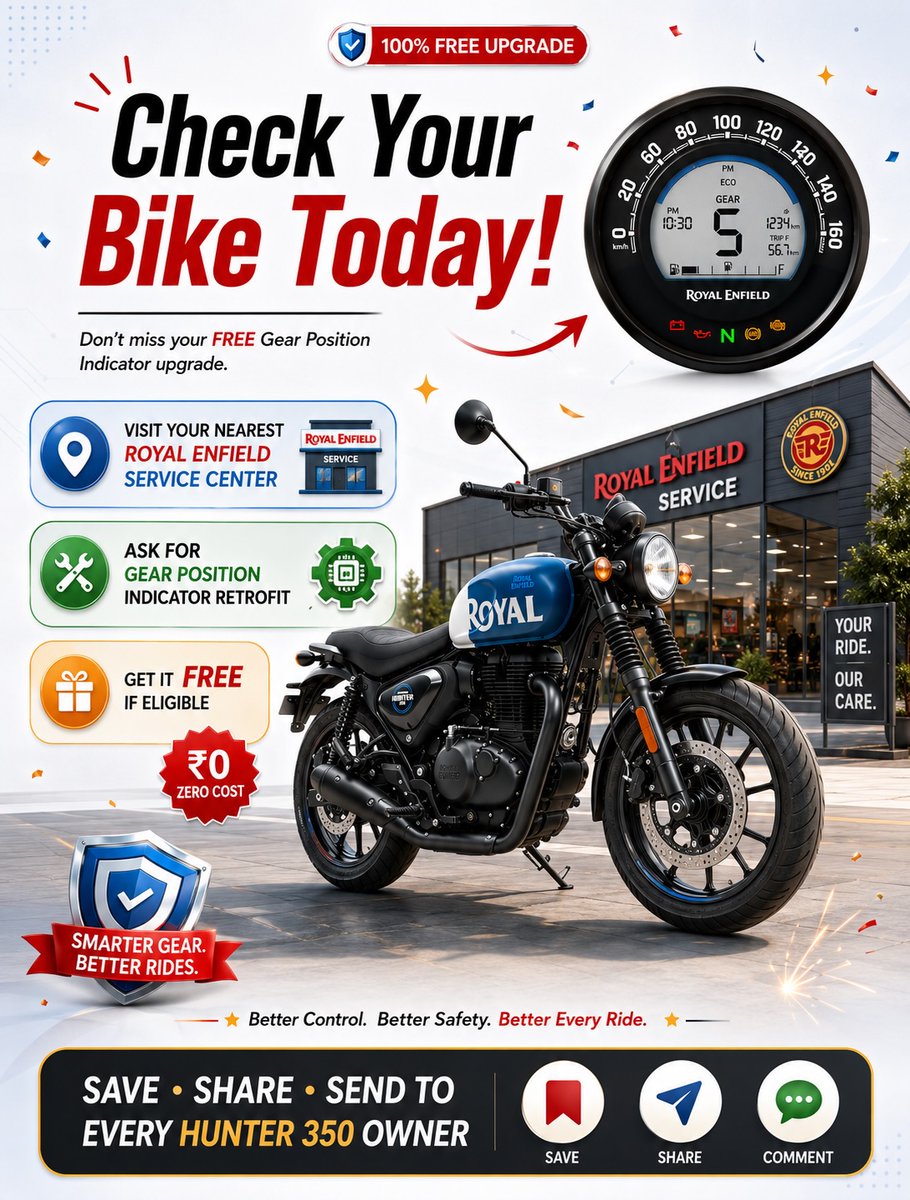 riveragerald049's tweet photo. Hunter 350 owners: Royal Enfield offers a FREE Gear Position Indicator retrofit for eligible bikes delivered without it due to a component shortage. Check your VIN at an authorized service center to see if you qualify. https://t.co/uXfM2Hyk4m