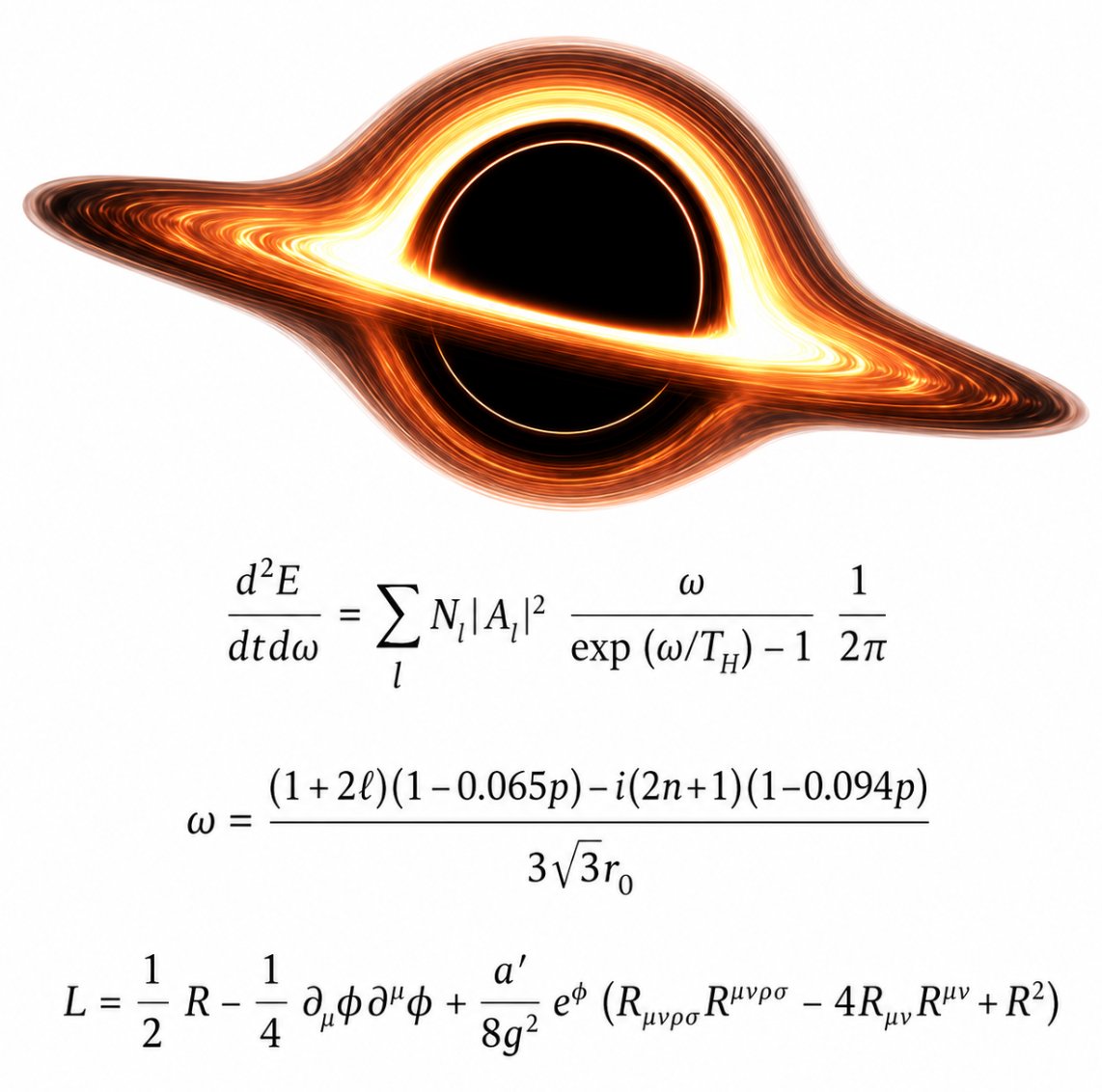 LensScientific's tweet photo. Black holes sit at a fascinating crossroads of physics.

The equations here connect Hawking radiation, the characteristic quasinormal ringing of perturbed black holes, and Einstein–dilaton–Gauss–Bonnet gravity, a theory that explores possible extensions to general relativity.

Together, they show why black holes provide powerful probes of quantum effects, strong-field gravity, and possible extensions of Einstein’s theory.