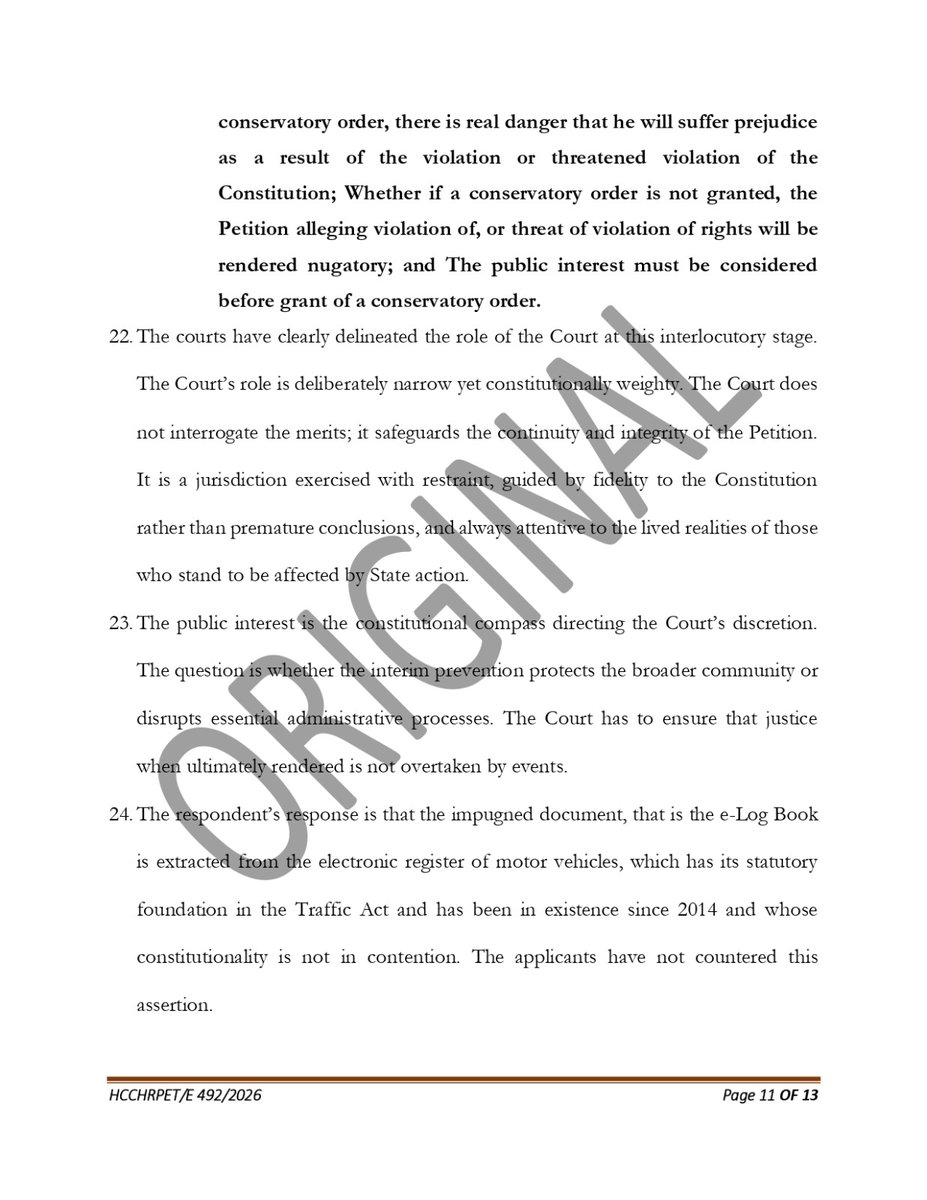 OduorACaroline's tweet photo. How should the Court balance technological modernisation by the State against the need to preserve existing rights and the subject matter of a pending Petition?

In granting limited conservatory relief, the High Court in Onyango & Another v National Transport and Safety Authority (NTSA) & 3 Others, Petition E492 of 2026 [2026] KEHC 12815 (KLR)  reiterated that such orders are “not ordinary civil law remedies” but constitutional remedies intended to keep the subject matter of the dispute in situ.

The Court consequently restrained the Respondents from permanently discontinuing or invalidating existing physical logbooks pending the hearing and determination of the Petition.