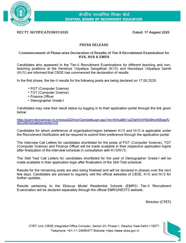 cbseindia29's tweet photo. Important Update

Commencement of Phase-wise Declaration of Results of Tier-II Recruitment Examination for KVS and NVS

Candidates are advised to refer only to official sources for verified information.

Access the result through the Link : https://t.co/XbR0x1vKTg

@EduMinOfIndia @PIB_India @PIB_Edu @AkashvaniAIR @airnewsalerts @DDNewslive