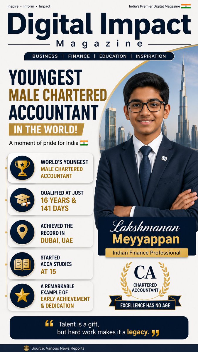 ji29152687's tweet photo. 🇮🇳 Lakshmanan Meyyappan: A Remarkable Achievement at 16

#LakshmananMeyyappan #CharteredAccountant #YoungestCA #YoungestCharteredAccountant #IndianTalent #India #CA #ACCA #FinanceProfessional #YoungAchiever #AcademicExcellence #SuccessStory #Inspiration #Dedication #HardWork https://t.co/o7jDpDKsI0