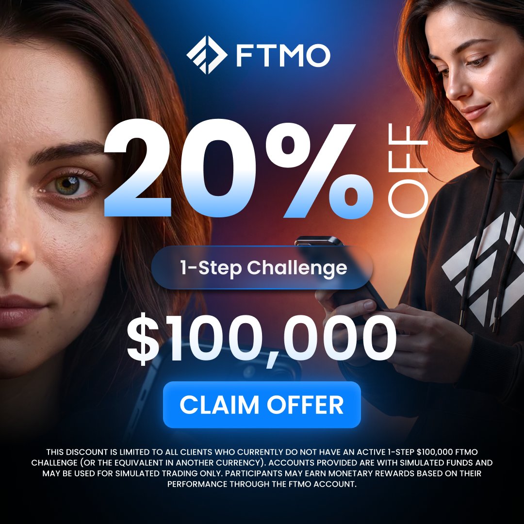 FTMO_com's tweet photo. Ready for your next 1-Step? Get your 20% Off, available now on $100,000 FTMO Challenge. Claim now and start today!
