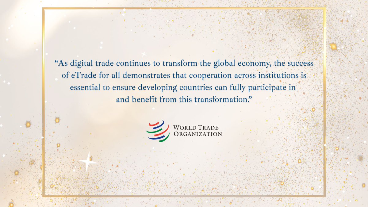 UNCTAD_ECDE's tweet photo. Digital trade is transforming the global economy.

Thank you @wto for underlining why cooperation across institutions is essential to help developing countries fully participate and benefit.

#eTradeforall https://t.co/spZSLKPBW3