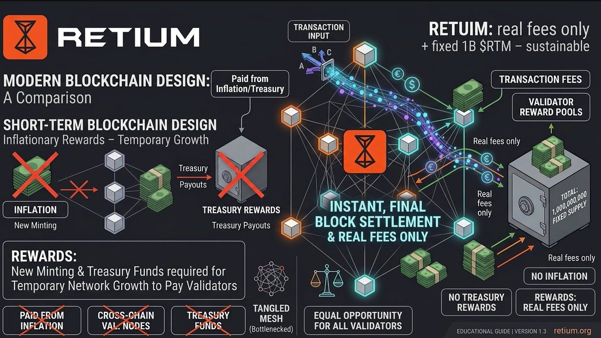 LullabyAlter's tweet photo. Many chains fund validators through inflation or treasury emissions. It creates temporary growth, but dilutes holders over time.

@RetiumChain chooses a different path :
Validators earn only from real transaction fees.
Fixed 1B $RTM supply. Zero inflation. https://t.co/iGmpL6JRAP