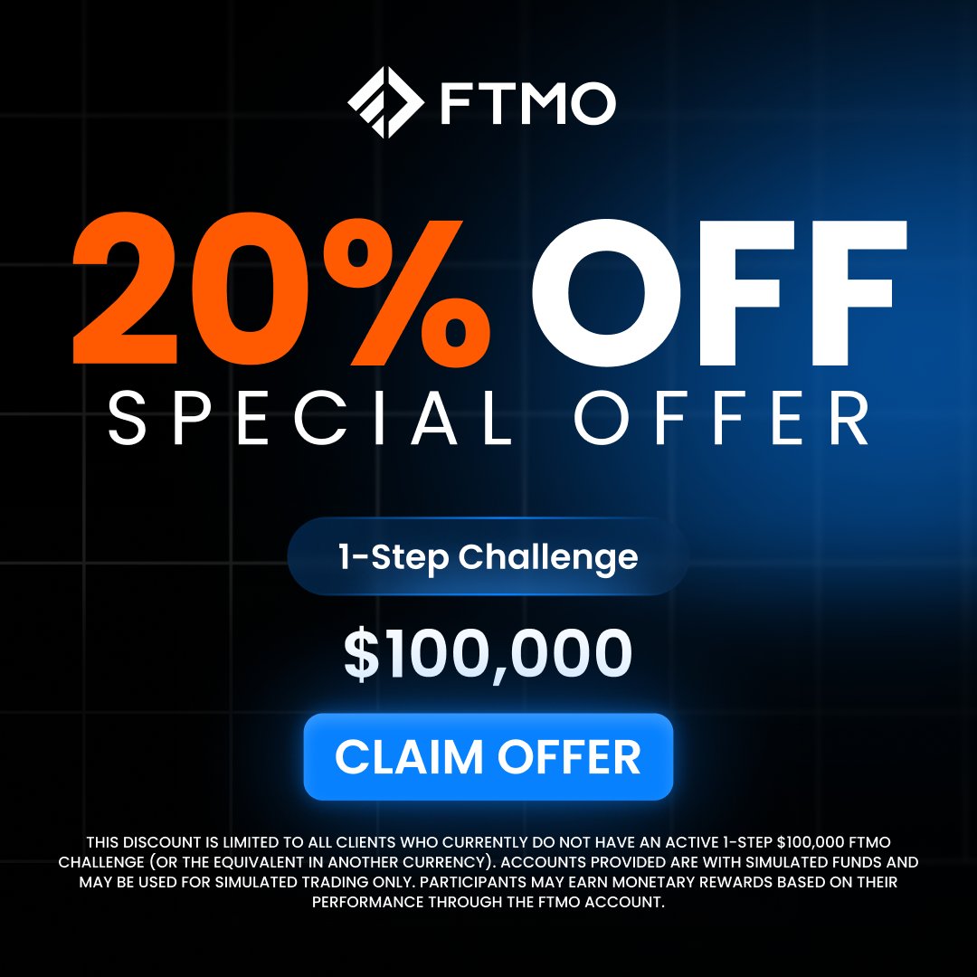FTMO_com's tweet photo. Ready for your next 1-Step? Get your 20% Off, available now on $100,000 FTMO Challenge. Claim now and start today!