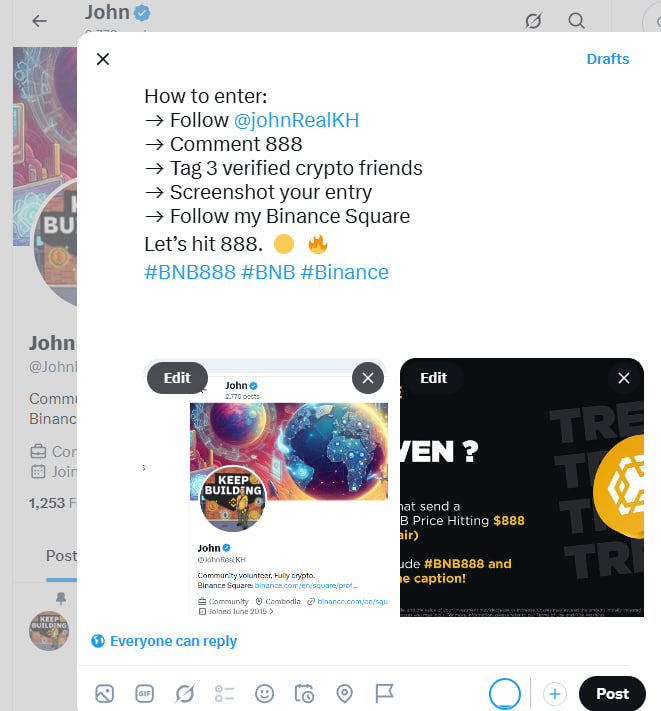 JohnRealKH's tweet photo. WTF 😂

While I was preparing the #BNB888 challenge, you guys pushed my followers from 888 → 889 before I even finished writing the post. 💀

So… let's turn this into a journey.

🎯 NEXT TARGET: 999

I'm putting $100 in BNB on the line.

🎁 10 random winners × $10 in BNB

Who gets to join the journey?

🔢 Followers #888 → #999

How to enter:
→ Follow @JohnRealKH 
--> Repost this post
→ Comment your follower milestone (e.g. 888th)
→ Tag 3 crypto friends
→ Drop a screenshot
→ Follow my Binance Square (https://t.co/oUiSaSJVm8) 
888 was accidental. 999 is the mission. 🚀
Let's see who joins the journey before we hit 999. 👀
#999 #BNB #Binance