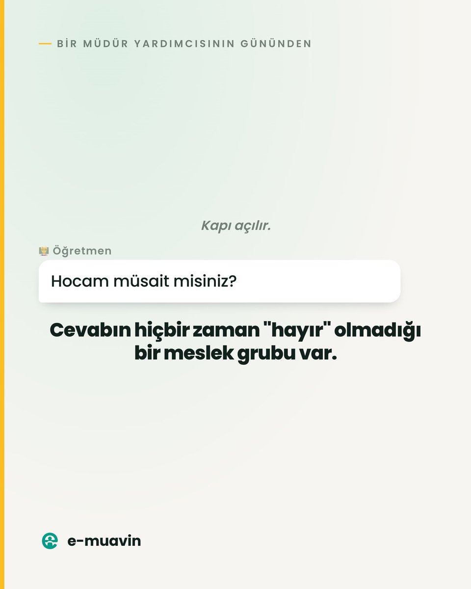 e_muavin's tweet photo. Öğretmen: "Hocam müsait misiniz?"
Müdür yardımcısı: müsait.

Her zaman. Ne yapıyor olursa olsun.

#müdüryardımcısı #okulyönetimi https://t.co/9wGPT0XQsL