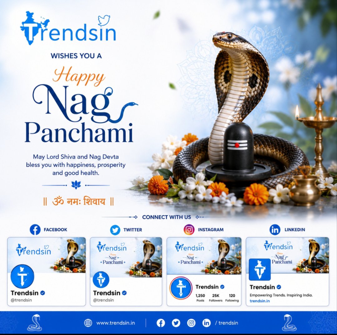 TrendsIn_India's tweet photo. 🕉️ नाग पंचमी की हार्दिक शुभकामनाएँ! 🐍🌿
नाग देवता की कृपा से आपके जीवन में सुख, शांति, समृद्धि और खुशियाँ बनी रहें। 🙏✨
भगवान शिव का आशीर्वाद सदैव आप और आपके परिवार पर बना रहे। 🕉️❤️
🌸 Trends In की ओर से नाग पंचमी की हार्दिक शुभकामनाएँ! 🌸
#TrendsIn #NagDevta #HarHarMahadev https://t.co/achVdvuYLC