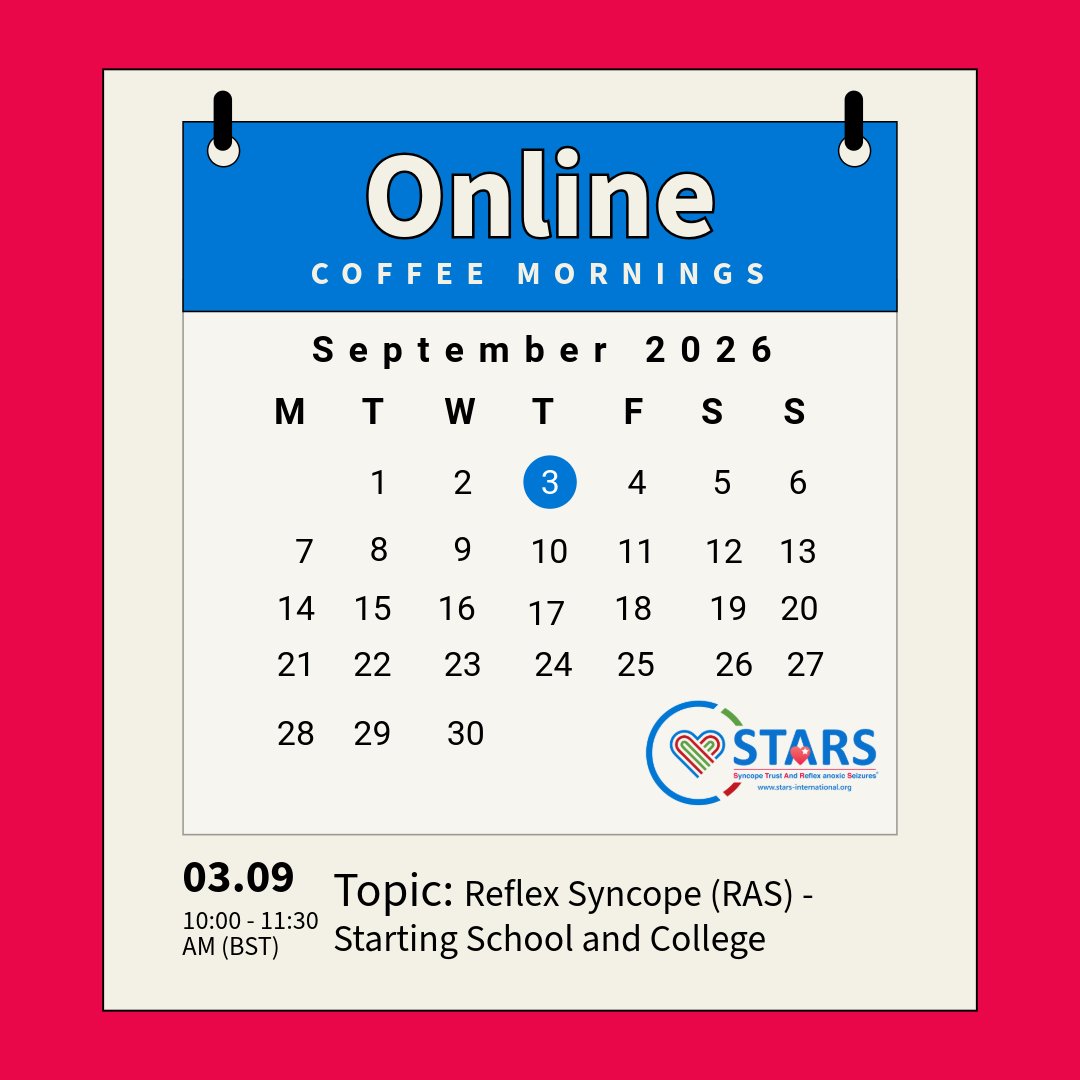 BlackoutsTrust's tweet photo. Our next Online Coffee Morning will take place on Thursday 03 September!

Join us for a lively conversation on the topic ‘Reflex Syncope (RAS) - Starting School and College’.

Register online today:
🔗https://t.co/ulSrwk2lte

#CoffeeMorning #RAS #HeartRhythm #support https://t.co/gQqg3gG24K