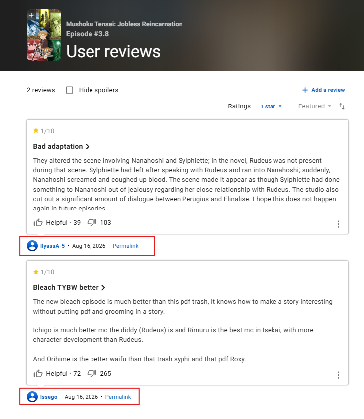 Fraudwatch99's tweet photo. RZ fans think we are stupid.
Two 1s reviews on MT all from RZ fans.
its as if no other fanbase is interested in writing 1s reviews on MT.
One says "Bleach TYBW is better" but never voted on Bleach.
Clearly trying to hide that he's an RZ fan using Bleach and that's gross. https://t.co/0dx7L8UjVm