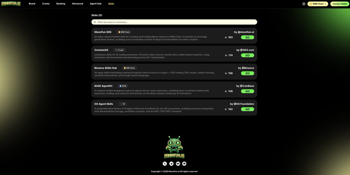 moonfun_ai's tweet photo. π§© Explore the https://t.co/lWsnhyanYt Skills Hub
Give AI Agents more ways to interact with Web3 β all in one place.
Connect powerful Web3 skills and give AI Agents more ways to act on-chain.
Build. Connect. Automate.
#MoonFunAI #AIAgents #Web3 #BNBChain https://t.co/thU6bxbJi3