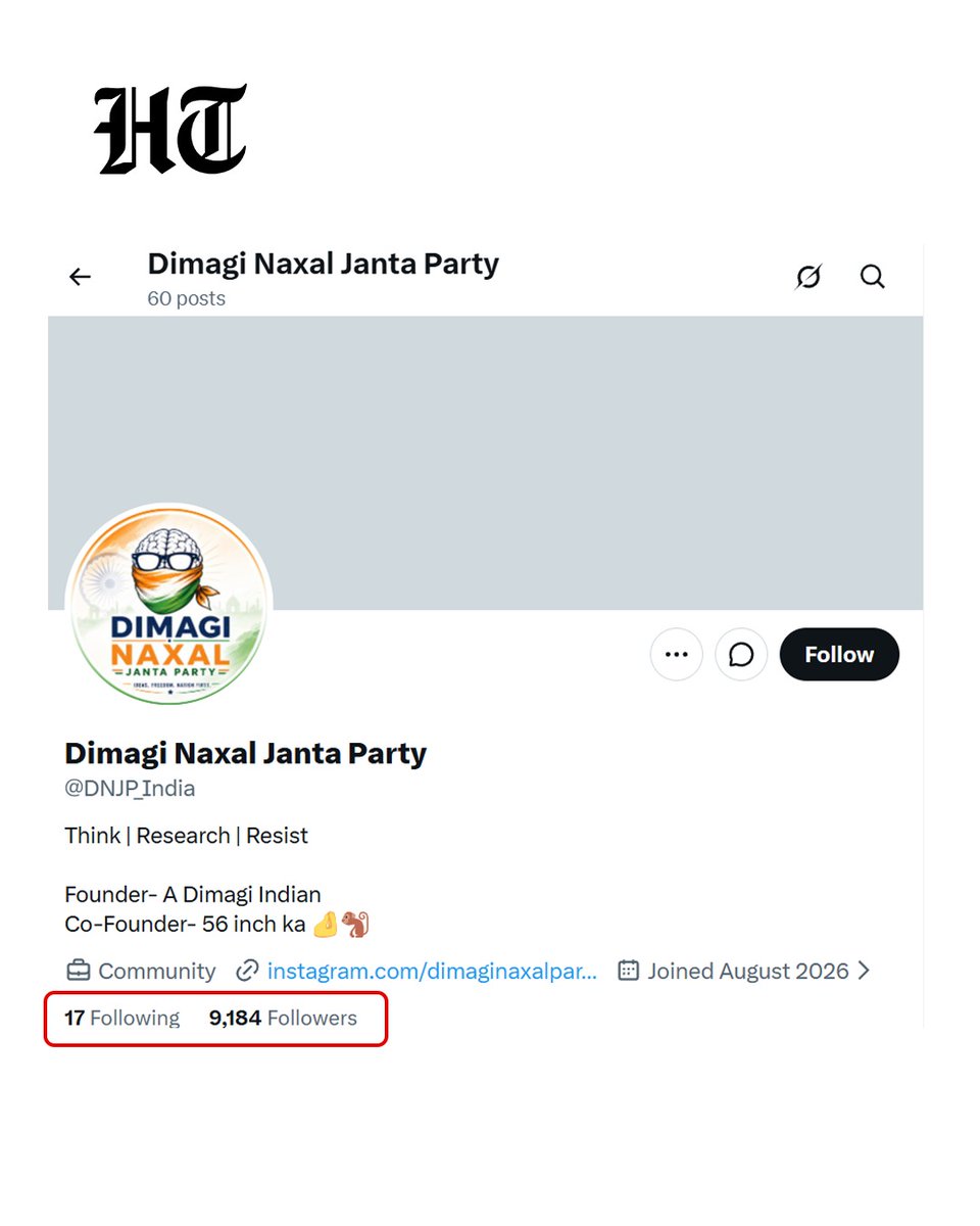 htTweets's tweet photo. 🚨A day after Prime Minister Narendra Modi used the term “dimagi Naxals”, a satirical party based on the term has emerged, garnering support from people online.

An Instagram account called “Dimagi Naxal Party” has surfaced and gained over 1,81,000 followers overnight. The party also has an X account named “Dimagi Naxal Janta Party” with over 7 thousand followers.  The account has now crossed the 2 lakh-follower mark, reflecting a rapid surge in online support.

Swipe 👈to check it out!

More details 🔗
https://t.co/6uRo2ih0by