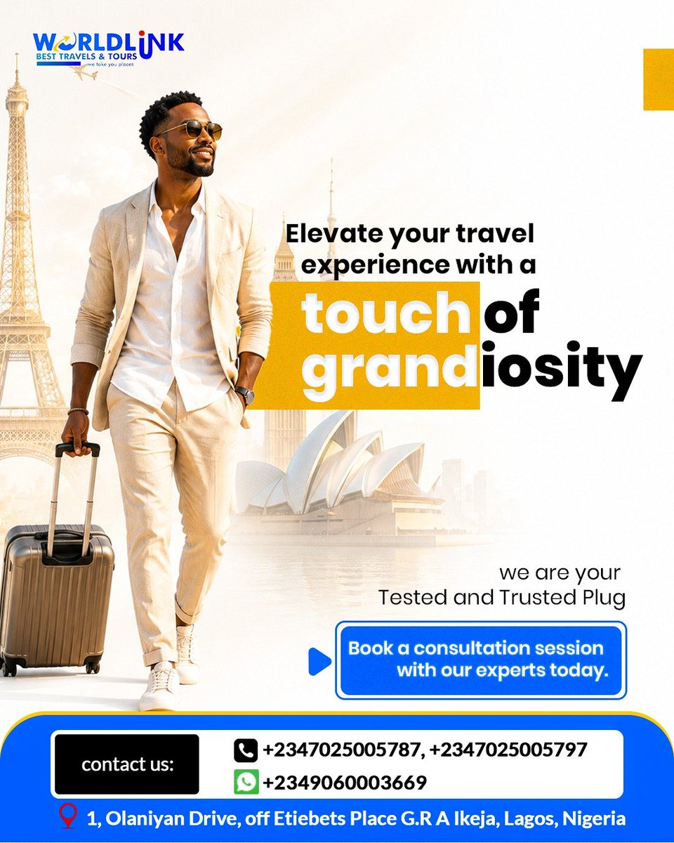 worldlinkbest's tweet photo. ✨ Your next trip deserves more than just a ticket—it deserves a touch of grandiosity. ✈️🌍

From choosing the right destination to securing your visa and getting you ready to fly, we got you civered

📲 Ready to elevate your travel experience? Book a consultation today. https://t.co/AwBO2upTWt