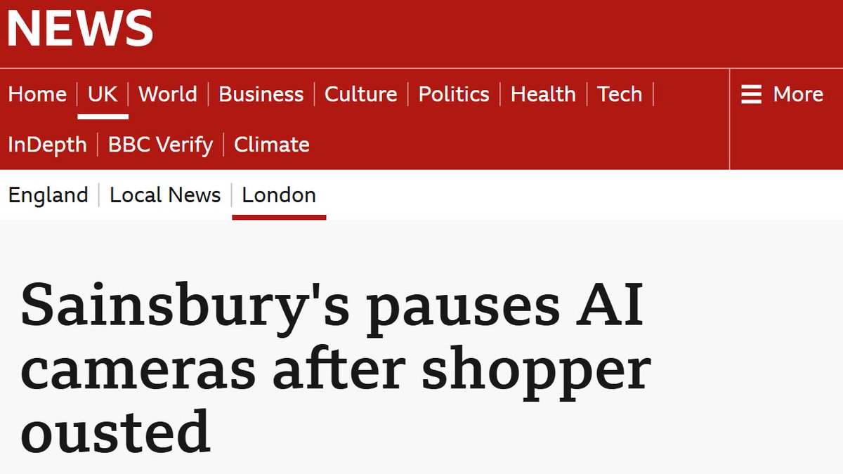 BigBrotherWatch's tweet photo. 🚨NEWS: Sainsbury's PAUSE live facial recognition use in one shop after an innocent man was wrongly accused of being a shoplifter 

"Pausing live facial recognition in one Sainsbury’s store does nothing to protect the millions of people at risk of similarly appalling treatment in the stores all over the country where exactly the same cameras are being used. 

Sainsbury’s needs to drop this system completely.

Serious mistakes like this are inevitable when a national retailer does hundreds of thousands of ID checks indiscriminately with this sinister surveillance tech." 

- Silkie Carlo [@silkiecarlo ]

Read⤵️
https://t.co/A7SGcGUHF3
