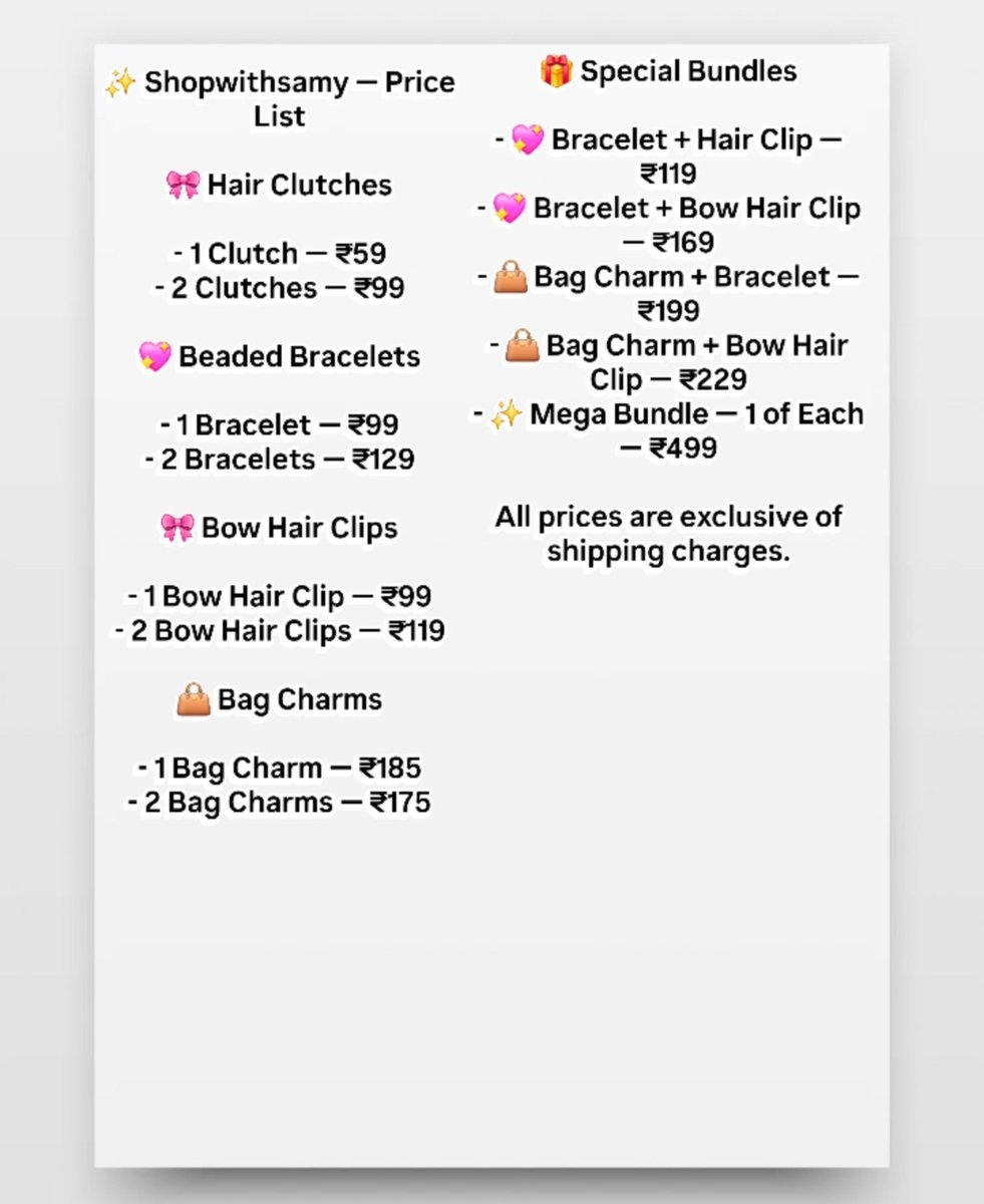 SiyaVictory's tweet photo. Guys, I’ve got everything ready! 🥹💗

✨ The Shopwithsamy price list is finally here! 🎀🛍️ 

Cute accessories, bracelets &amp; bag charms with special bundle deals. Check out the prices above &amp; DM to order! + Shipping charges
 #Shopwithsamy #SmallBusiness https://t.co/k7kehXBPx7