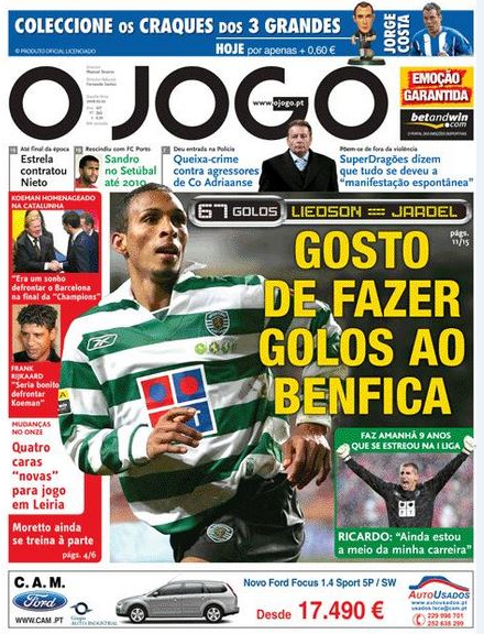 gustavo_ffs's tweet photo. #MuseuSporting (#1738). Capa de “O Jogo” de Fevereiro de 2006, Liedson igualava Jardel em golos e afirmava “Gosto de fazer golos ao Benfica”. https://t.co/BUdNdIDpHg