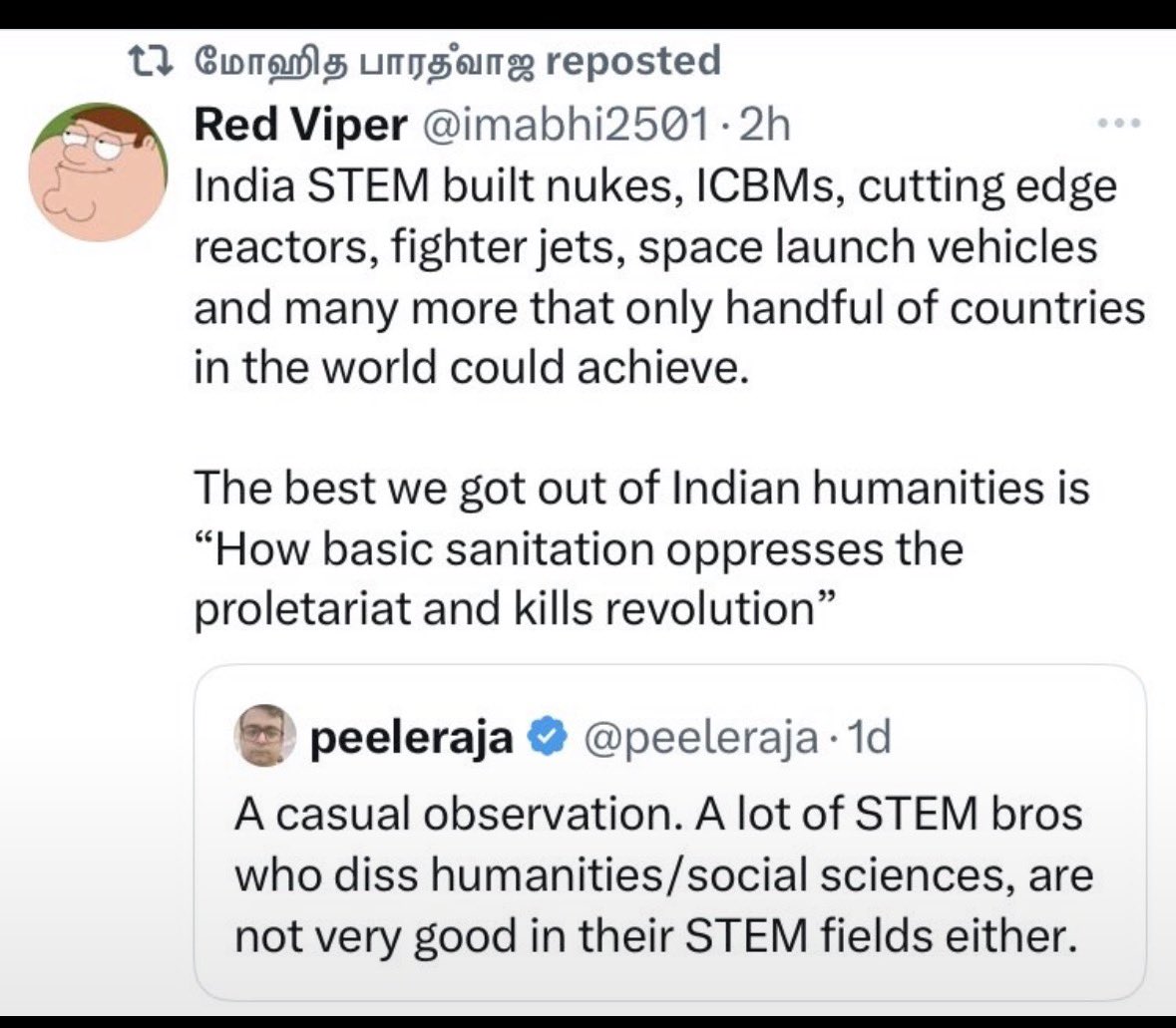 maa_bhaishiiH's tweet photo. Intriguing. 

Things that make India sit among the best of the first world countries, are all mostly STEM coded : 
nuclear power, nuclear weapons, space programmes, fighter jets, novel infrastructures (like the bridge between mountains in Kashmir), private medical care, digital infrastructure like UPI, IT and software services, metro systems and rail modernisation, large-scale solar parks, indigenous missile and UAV systems, pharmaceutical manufacturing and vaccine production, supercomputing clusters, automotive and EV engineering, etc.

Things that make India resemble a third world shit-hole are all mostly humanities coded : 
law enforcement, corruption, public hygiene, bureaucratic inertia, judicial delays with case backlogs, traffic discipline, political clientelism, dynastic politics, civic sense in public spaces, safety norms, tribalism in politics, regulatory unpredictability, etc

So, who exactly are failing in their part of “critical thinking”? Who needs to take more accountability of their ideas and “theories”? Don’t let any humanities person guilt trip you into saying that you lack critical thinking just because you disagree with them. These people think that criticism equals critical thinking. Criticism of anything is easy - any Tom, Dick, and Harry can do it. If communism fails, you people still say that what got implemented is not true communism which is flawless. If a bridge collapses, unfortunately engineers don’t have the luxury of blaming reality for not being in tune with their ideas, like you do.
