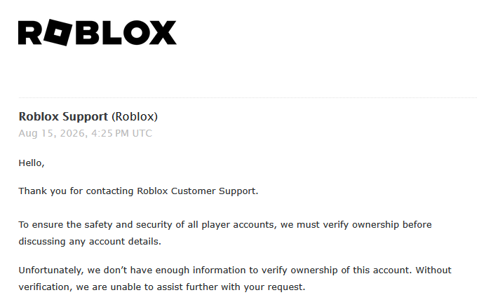 MasumAjad's tweet photo. Another PSA for everyone appealing #Roblox enforcement bans:
If you get "we don’t have enough information to verify ownership", reply saying you submitted the support ticket while LOGGED INTO the account youre appealing. Ive had ~80% success with this. https://t.co/u7lOa8mqCu