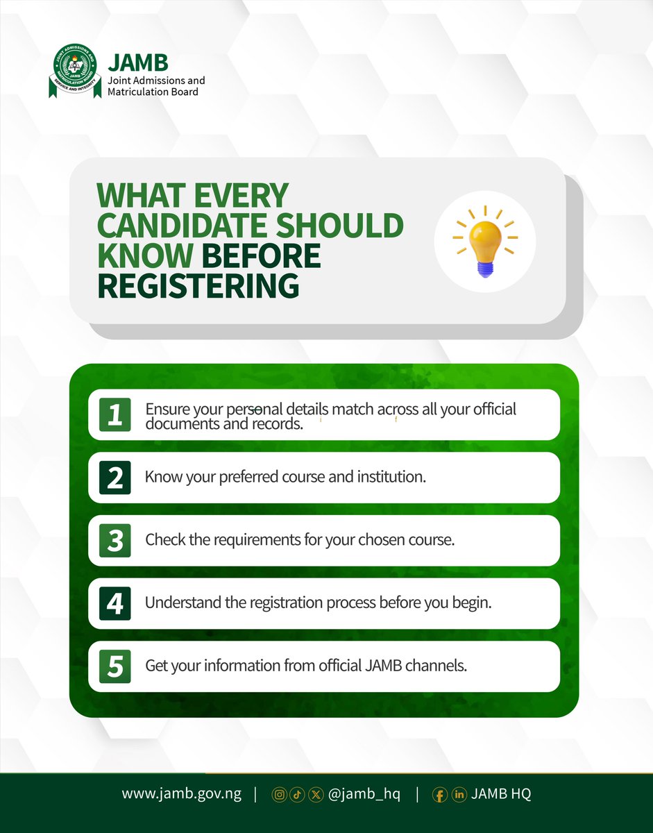 jamb_hq's tweet photo. Before you click “Register”, make sure you’re ready.

From your personal details to the documents and information you’ll need, a little preparation can help you avoid common mistakes and unnecessary stress.

Save this and share it with someone who needs it.

#JAMB #JCare #JAMBRegistration #JAMBProfile #Updates