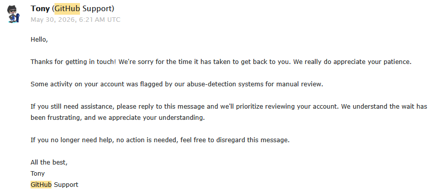 PotJoke's tweet photo. @github 
What is the point of GitHub support anyway? I’ve been trying for months to find out why my account was suspended, yet I keep getting the same reply: "Tell us how you plan to use GitHub." I have actually sent that information several times. Please help me. Thanks. https://t.co/Ii9ZC2jpYn