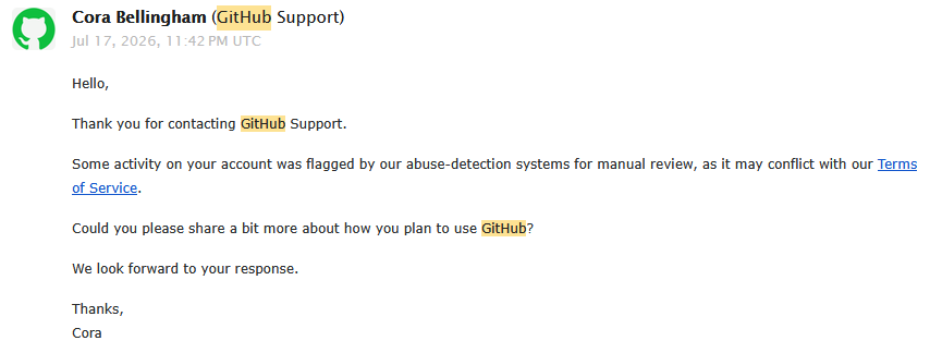PotJoke's tweet photo. @github 
What is the point of GitHub support anyway? I’ve been trying for months to find out why my account was suspended, yet I keep getting the same reply: "Tell us how you plan to use GitHub." I have actually sent that information several times. Please help me. Thanks. https://t.co/Ii9ZC2jpYn