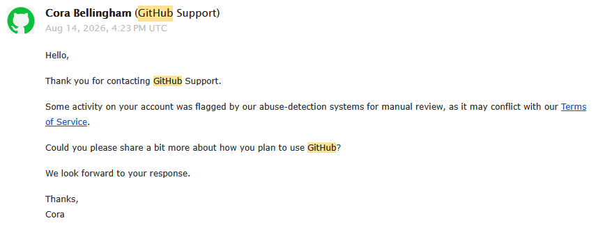 PotJoke's tweet photo. @github 
What is the point of GitHub support anyway? I’ve been trying for months to find out why my account was suspended, yet I keep getting the same reply: "Tell us how you plan to use GitHub." I have actually sent that information several times. Please help me. Thanks. https://t.co/Ii9ZC2jpYn